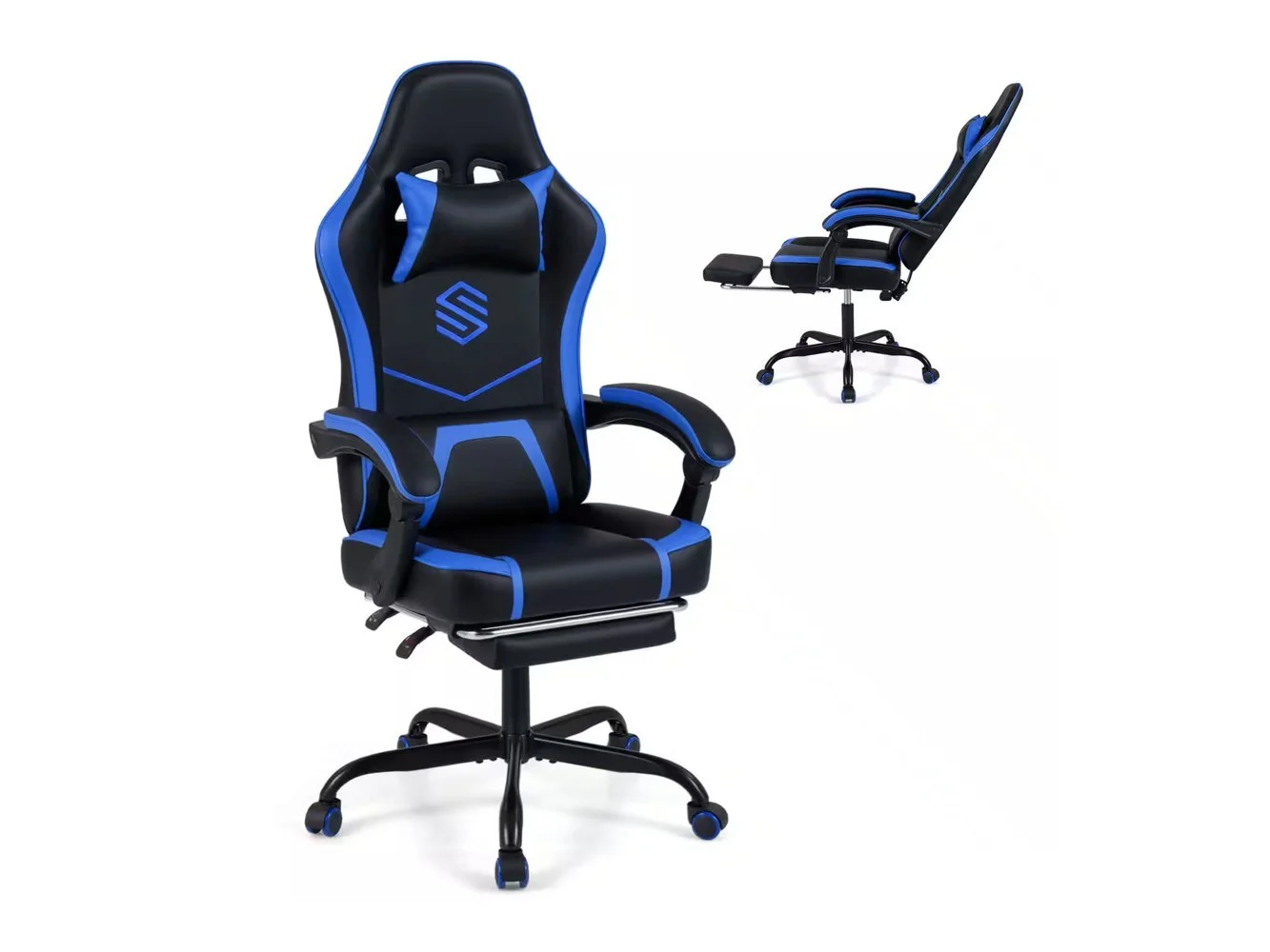 **Costway - Gaming Chair with Headrest, Lumbar Support, Linkage Armrests, Reclining Backrest - Navy Blue,Black**