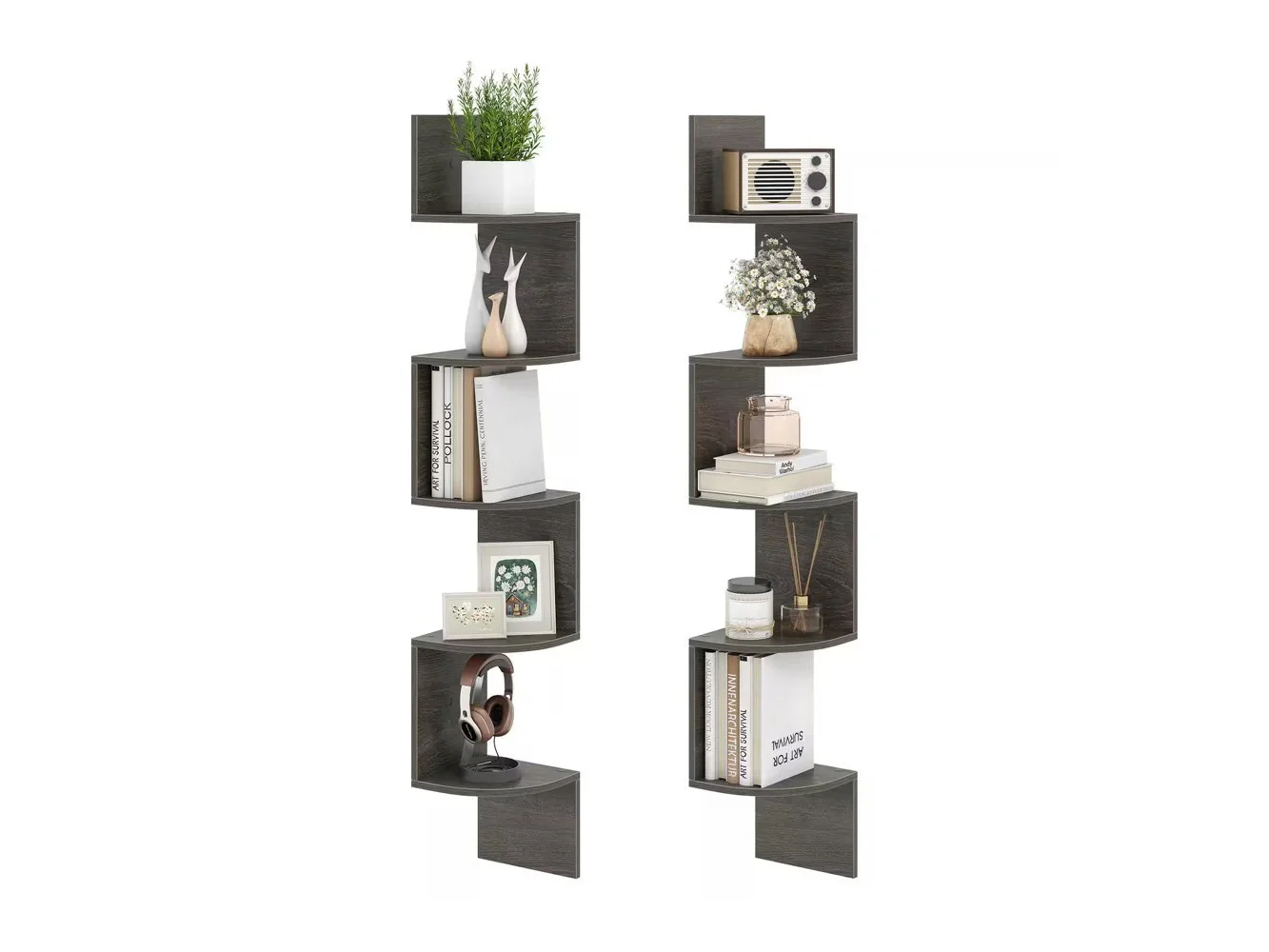 **Costway - 2 PCS Floating Bookshelf with Safe Round Edge Space-Saving Plant Display Shelf - Oak**