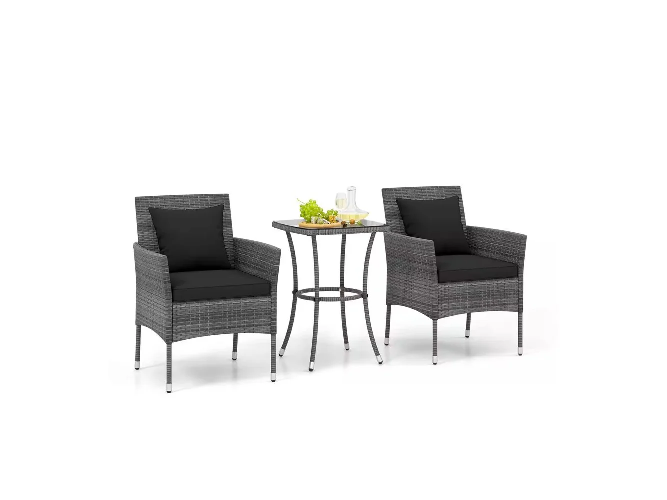 **Costway - 3 PCS Patio Furniture Set with Cushioned Patio Chairs & Tempered Glass Coffee Table - Black**