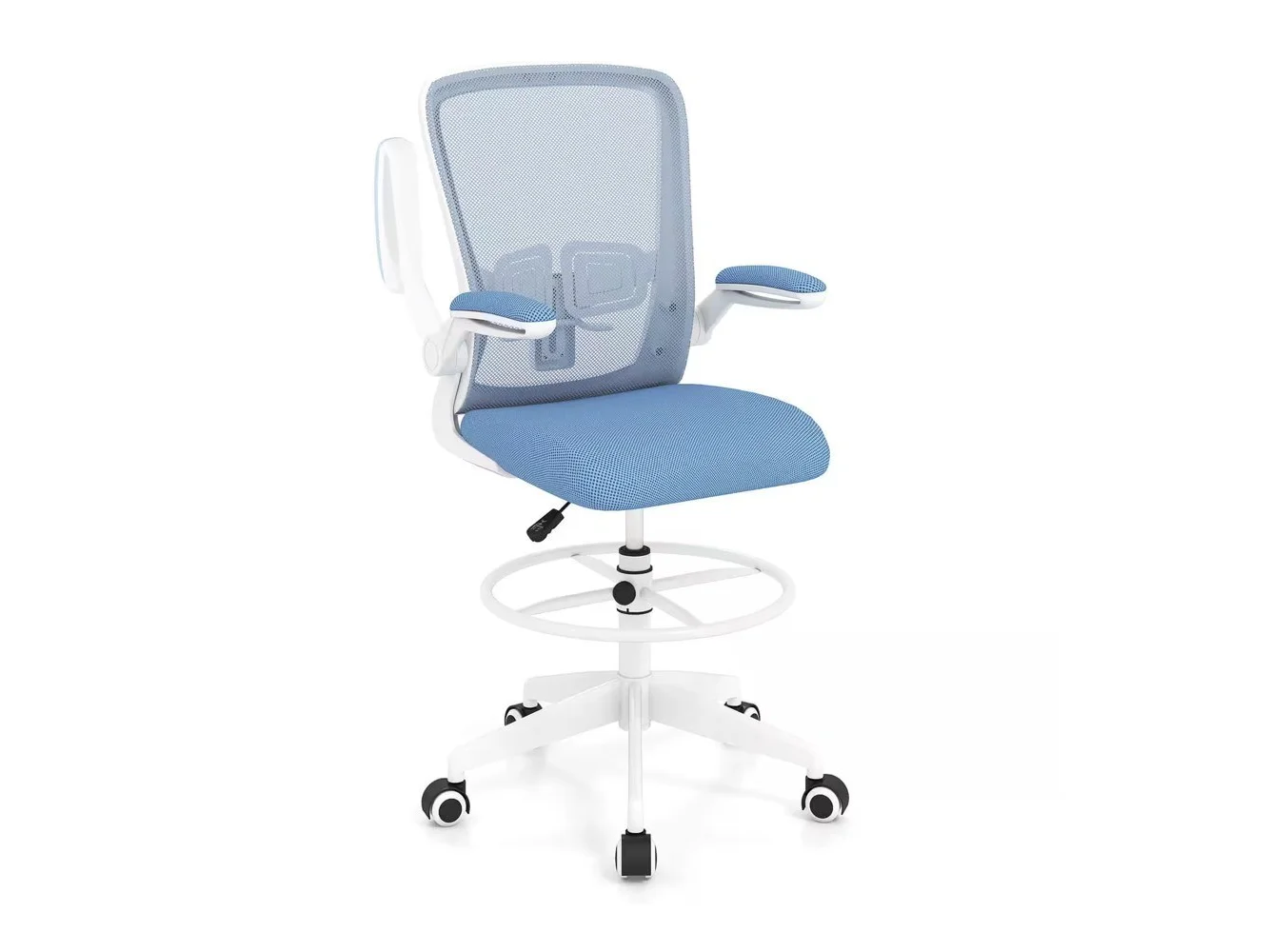 **Costway - Home Office Drafting Chair with Flip-Up Armrests Adjustable Footrest Ring for Study - Blue**
