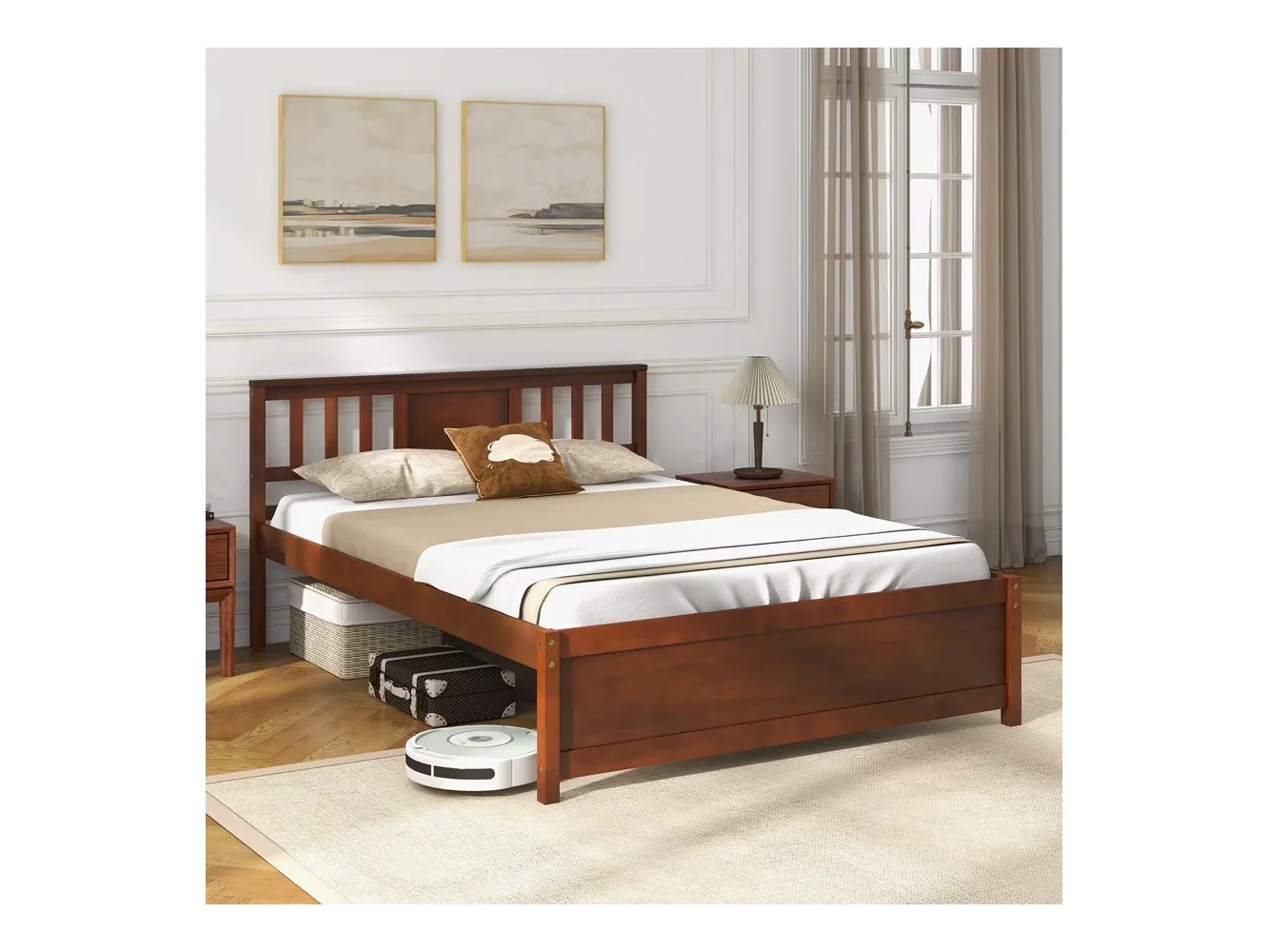 **Gymax - Full Size Bed Frame w/ Headboard Wood Slat Support No Box Spring Needed - Walnut**