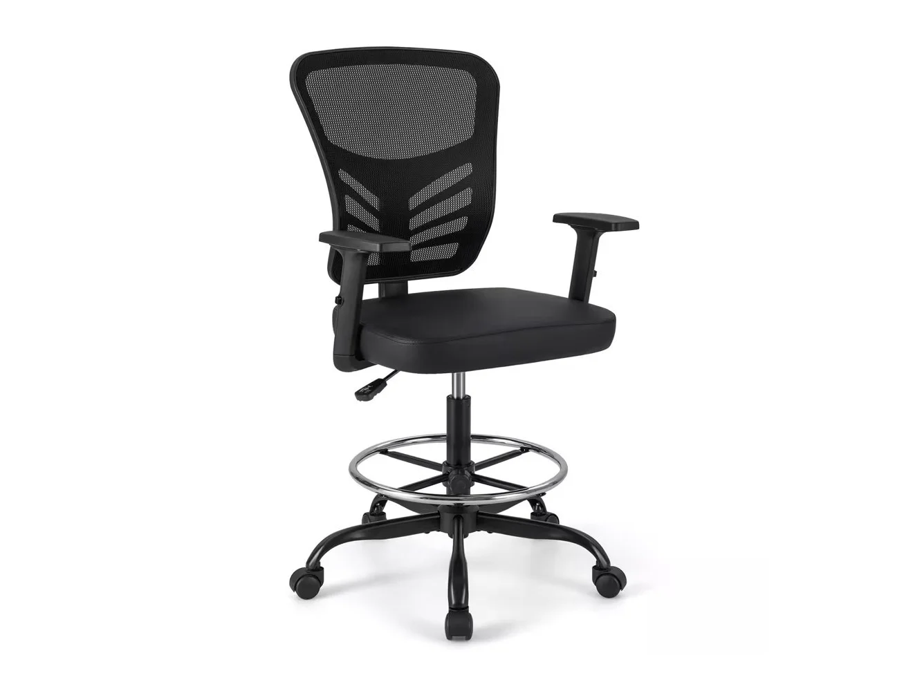 **Costway - Mesh Drafting Chair Office Chair w/Adjustable Armrests & Foot-Ring - Black**