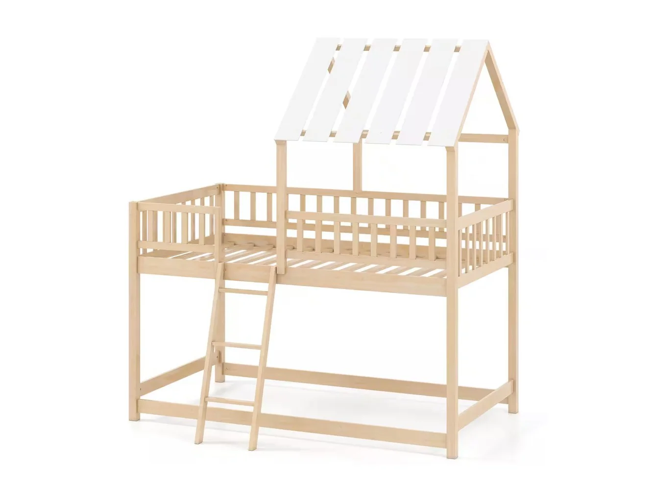 **Costway - Twin Over Twin House Bunk Bed with Roof, Ladder & Full-length Guardrails for Kids - Natural**