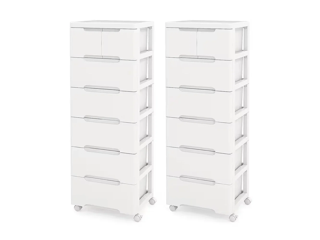 **Costway - 2 PCS 7-Drawer Plastic Rolling Storage Cart with 4 Universal Wheels Dresser Cabinet - White**
