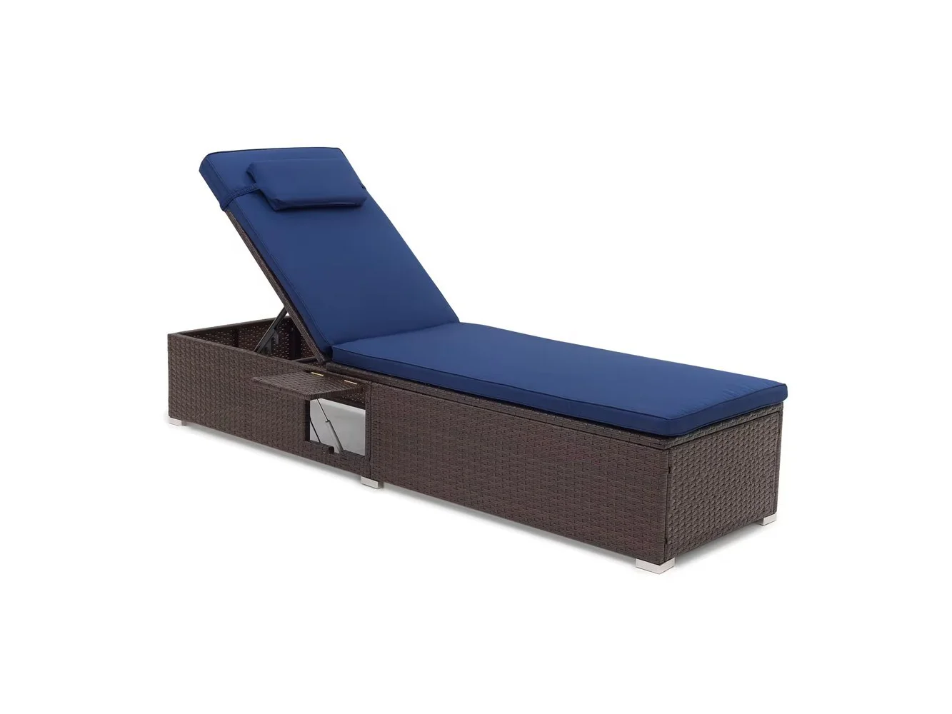 **Costway - 1 PCS Patio Chaise Lounge with 6-level Backrest Comfy Seat Cushion & Headrest Backyard - Mix Brown + Navy**