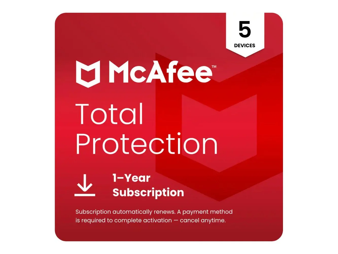 **McAfee - Total Protection (5-Device) Antivirus Software with Scam Protection (1-Year Subscription with Auto-Renewal) - Windows, Mac OS, Chrome, Apple iOS, Android [Digital]**