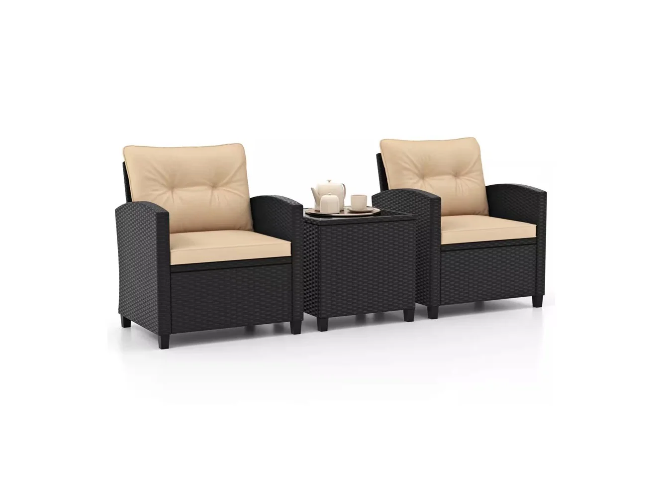 **Costway - 3 PCS Patio Furniture Set with Tempered Glass Coffee Table Washable Cushions - Beige,Black**