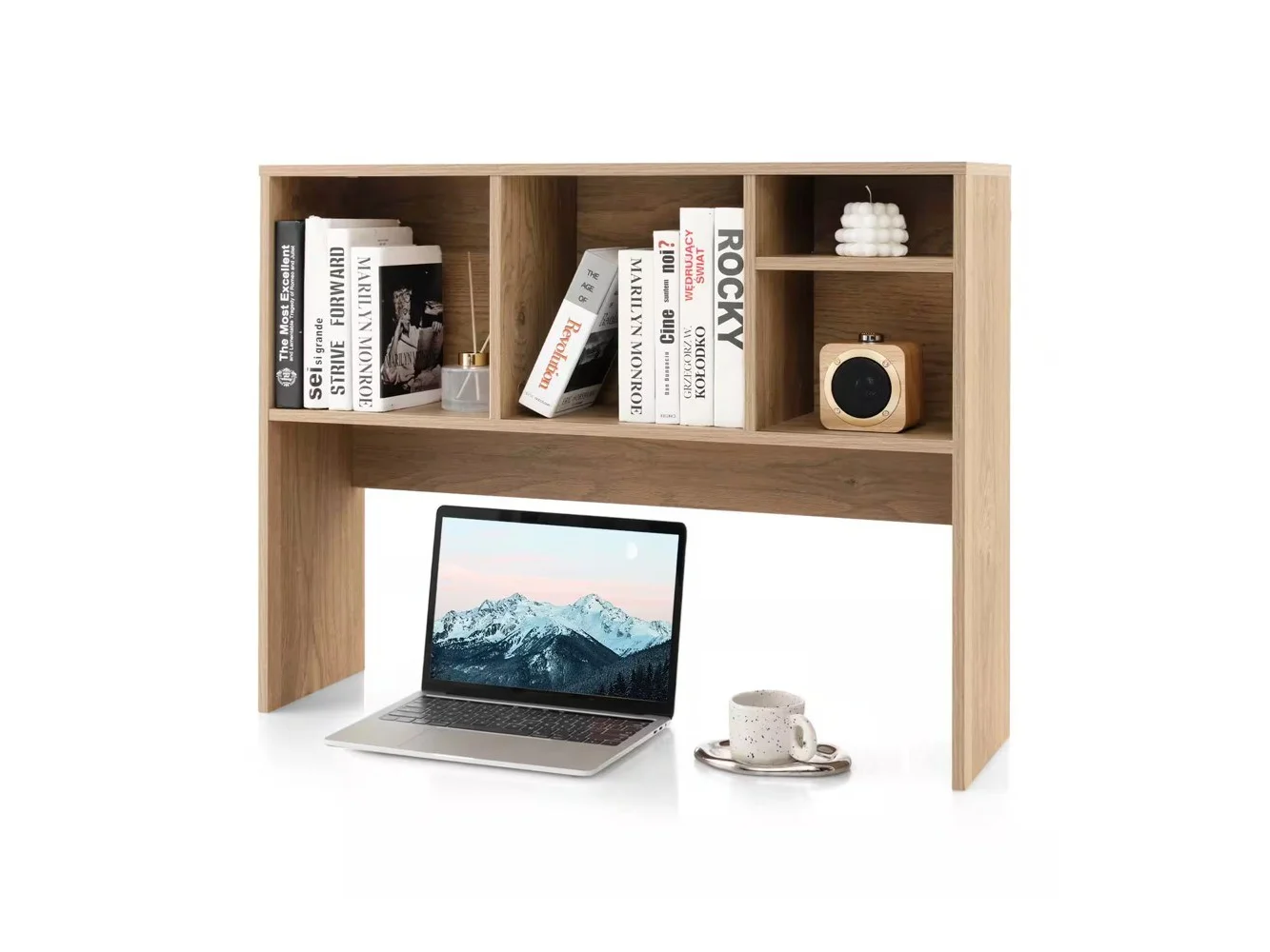 **Costway - Computer Desktop Bookcase Countertop Storage Bookshelf Organizer with 4 Cubbies - Natural**