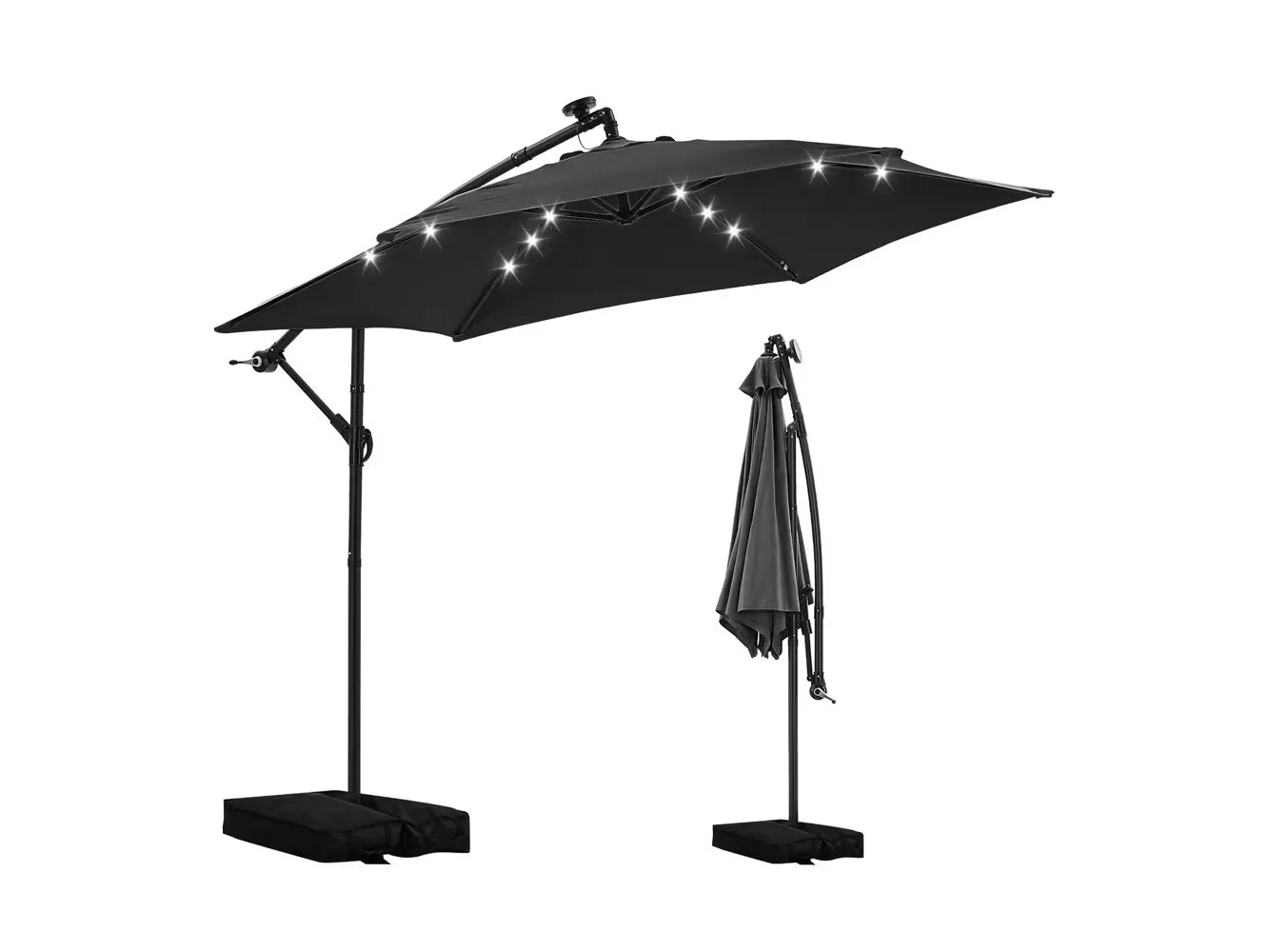**Ainfox - 10FT Outdoor Patio Cantilever Umbrella Hanging Offset with Cross Base Sand Bags & 24 LED Solar Lights - Black**