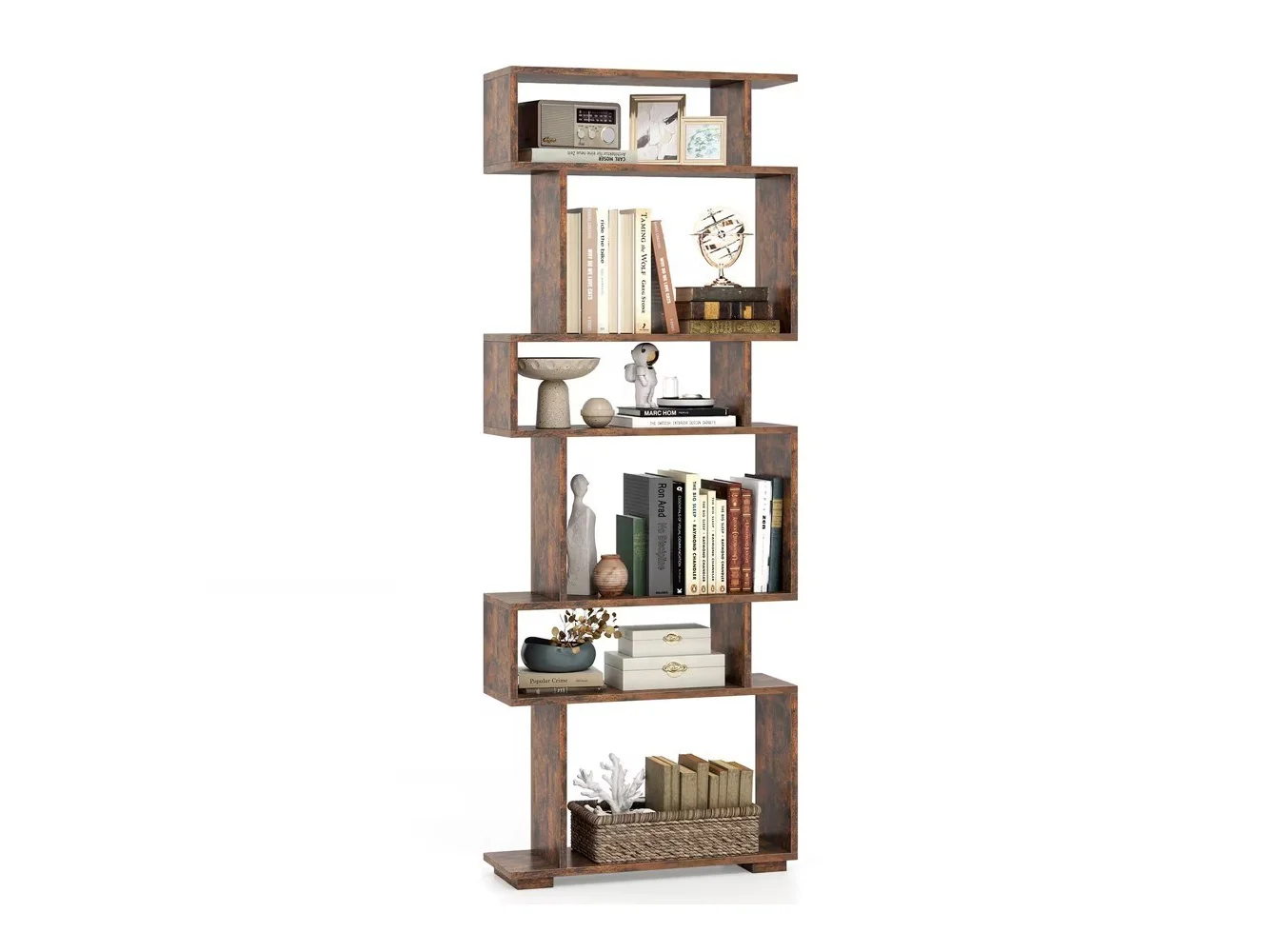 **Costway - 6-tier Storage Bookshelf S-shaped Geometric Bookcase with Anti-toppling Kits - Brown**