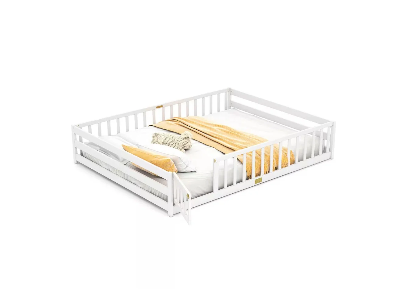 **Costway - Queen Size Floor Bed with Full Length Safety Guardrails & Door for Boys, Girls - White**