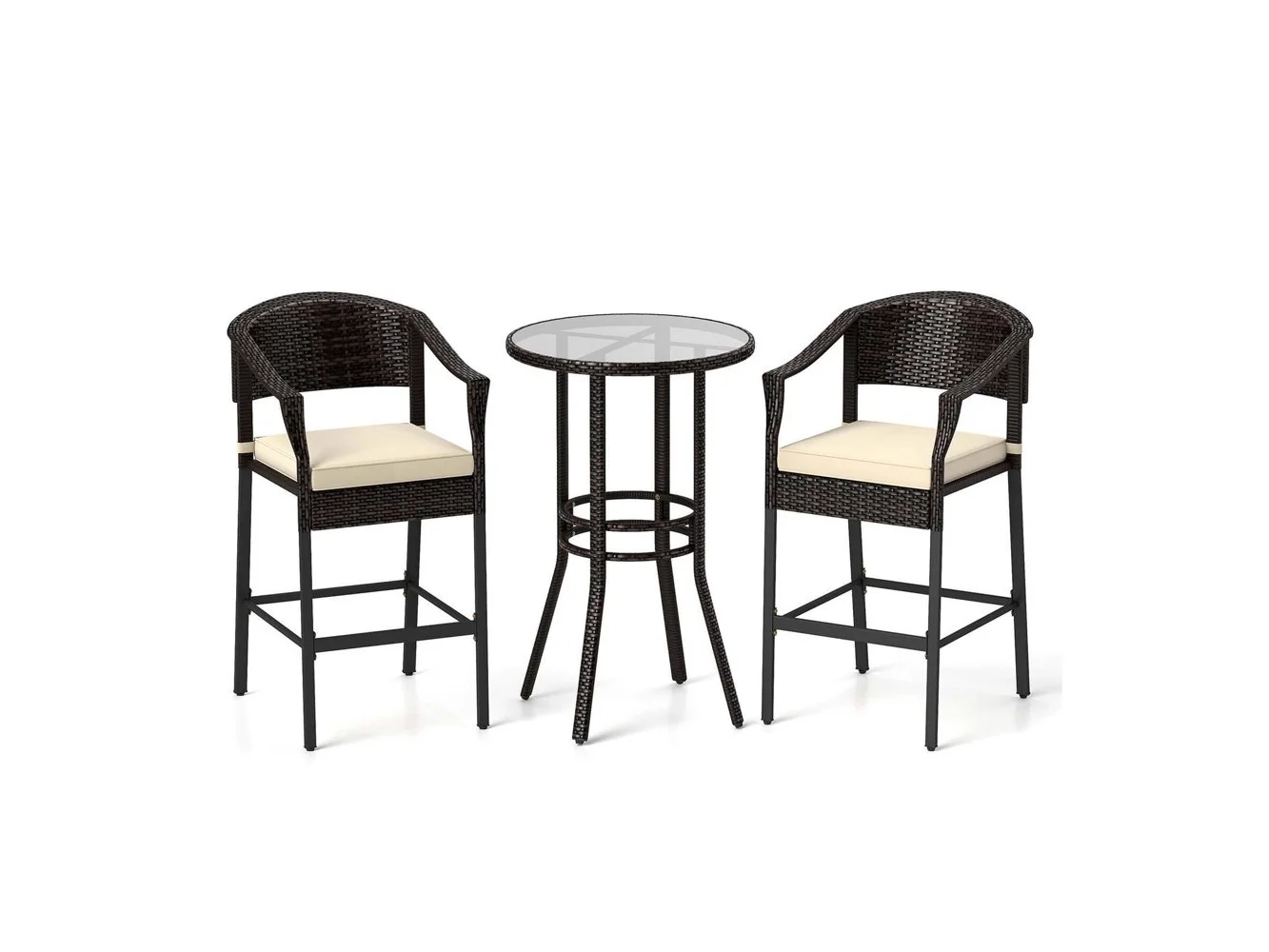 **Costway - 3 PCS Patio Rattan Bar Set Wicker Armchairs & Round Table with Tempered Glass Top - Mix Brown,Off White**