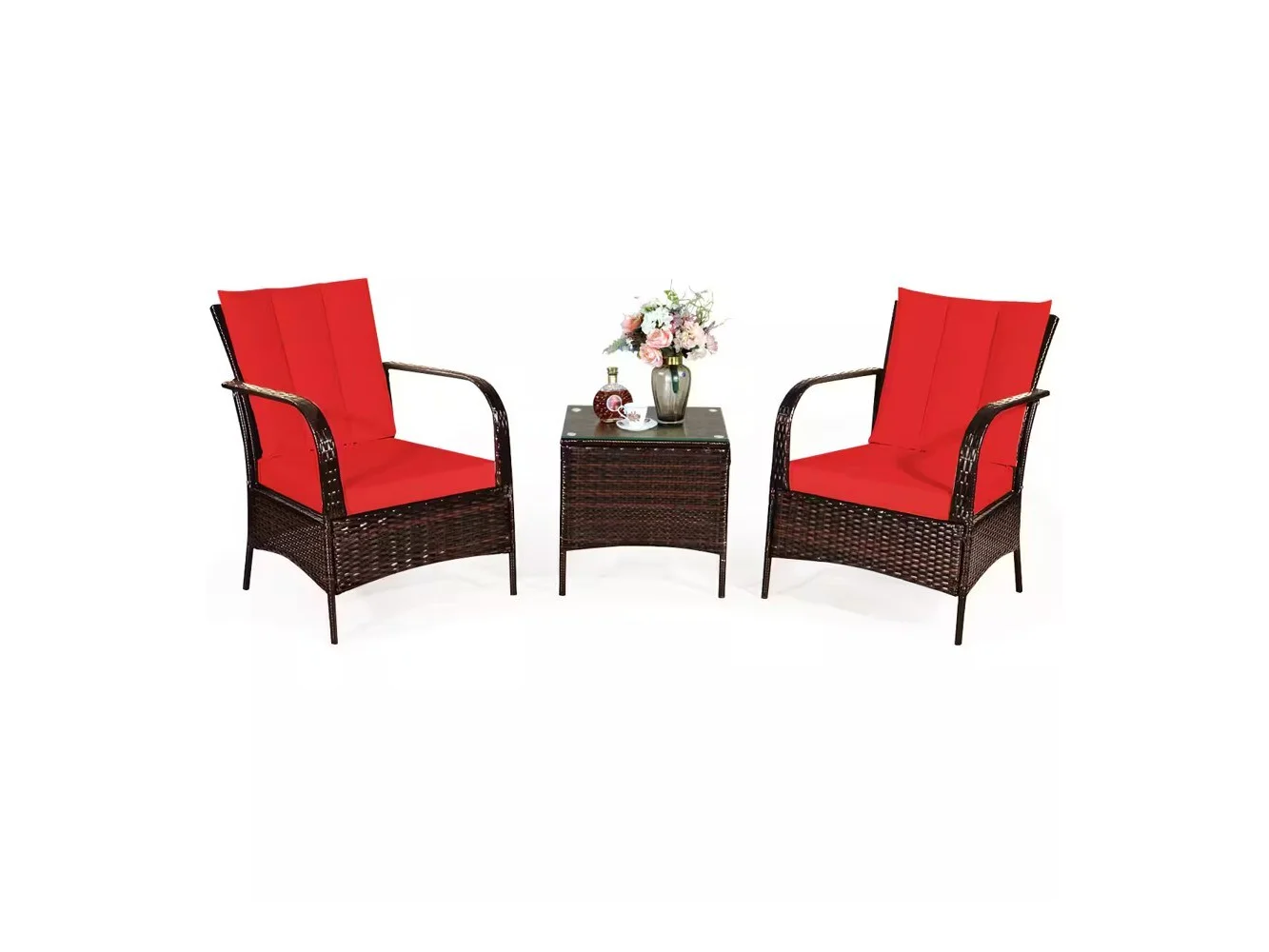 **Costway - 3 PCS Patio Wicker Rattan Furniture Set Coffee Table & 2 Rattan Chair W/Cushions - Red**