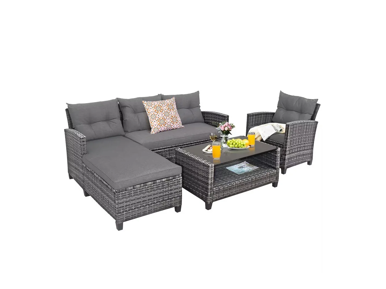 **Costway - 4PCS Patio Rattan Furniture Set Cushioned Loveseat Table Shelf - Gray**