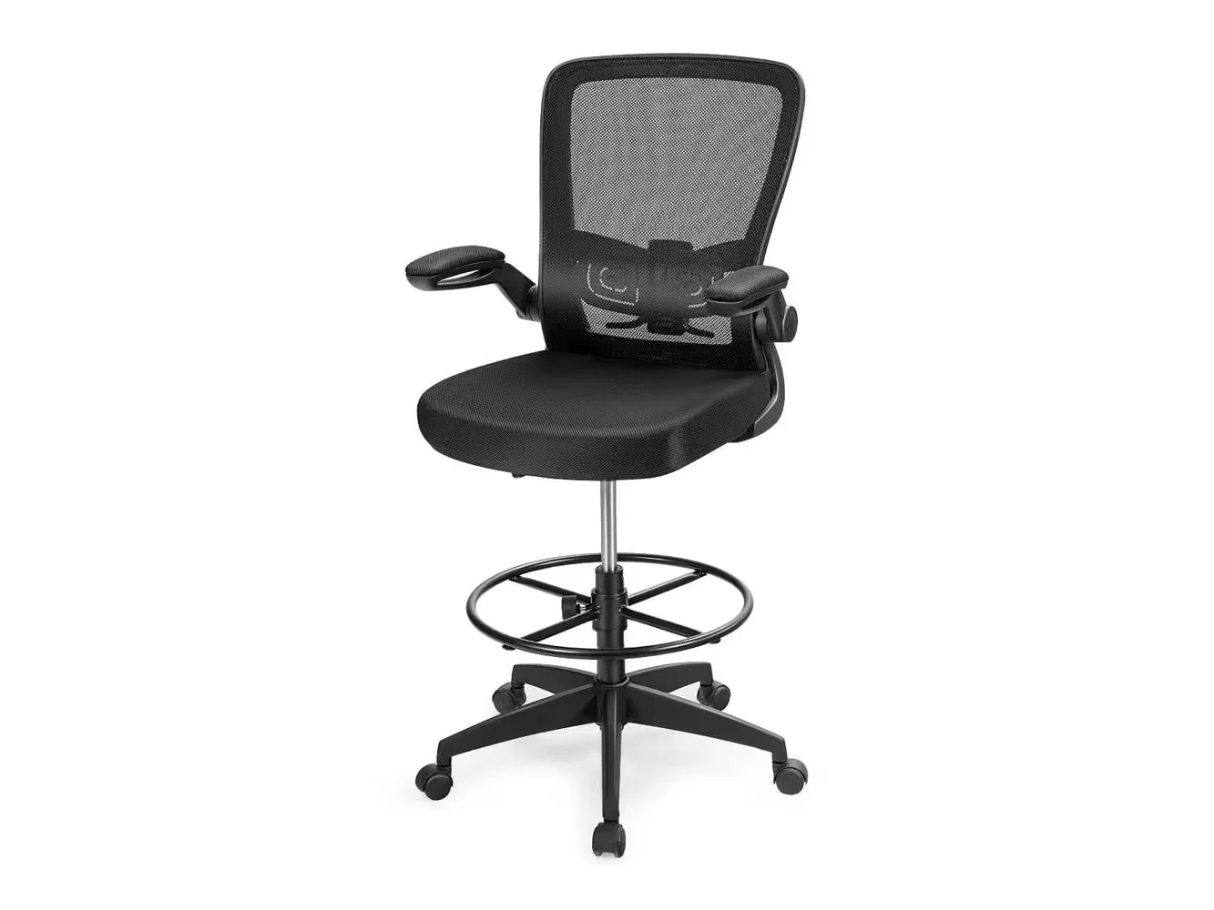 **Costway - Tall Adjustable Height Office Chair with Lumbar Support and Flip-Up Armrests - Black**