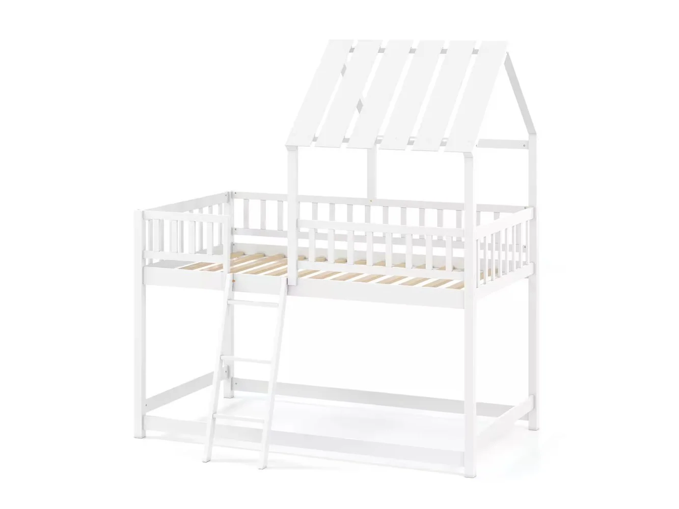 **Costway - Twin Over Twin House Bunk Bed with Roof, Ladder & Full-length Guardrails for Kids - White**