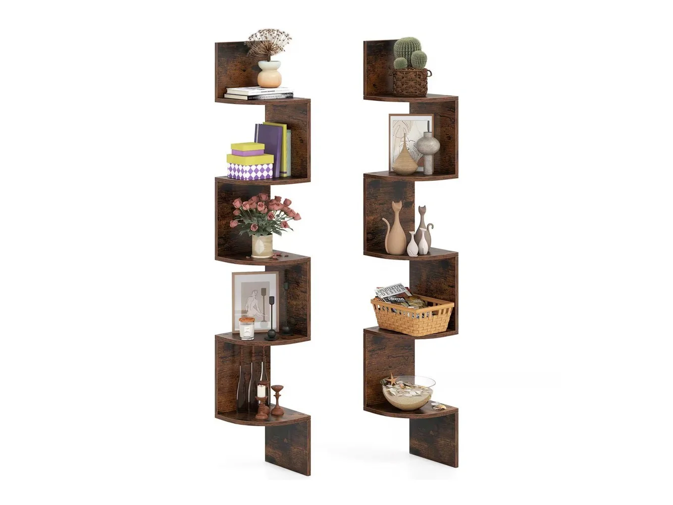 **Costway - 2 PCS Floating Bookshelf with Safe Round Edge Space-Saving Plant Display Shelf - Brown**