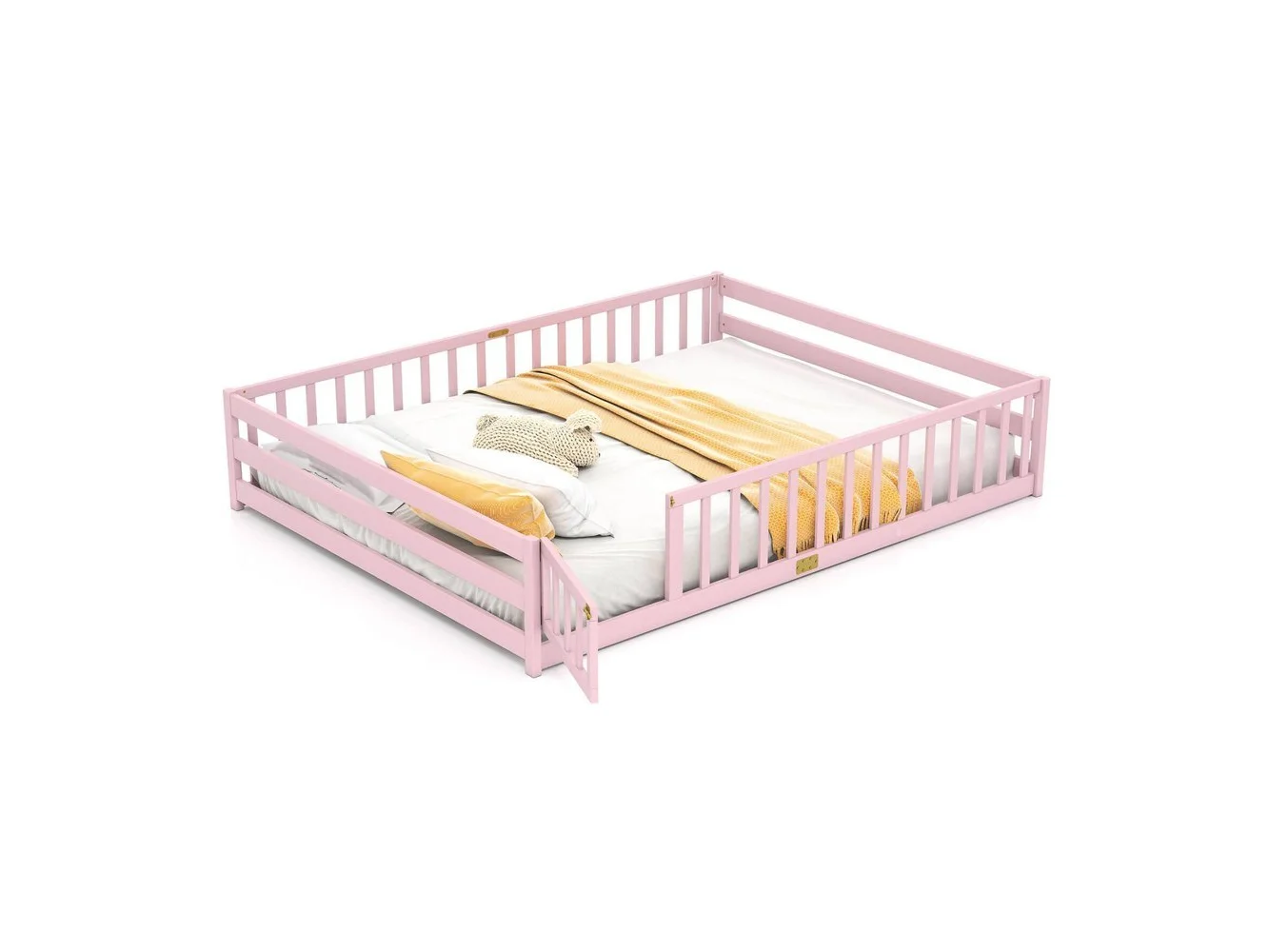 **Costway - Queen Size Floor Bed with Full Length Safety Guardrails & Door for Boys, Girls - Pink**