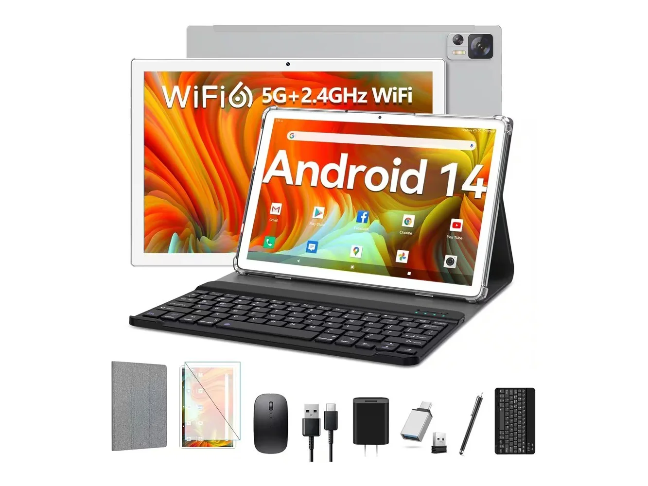 **Qukenk - Tablet with Keyboard Android Tablet 10.1 inch 2026 Latest 8GB RAM 64GB ROM Octa-Core, 2 in 1 Tablet with Case - Silver**
