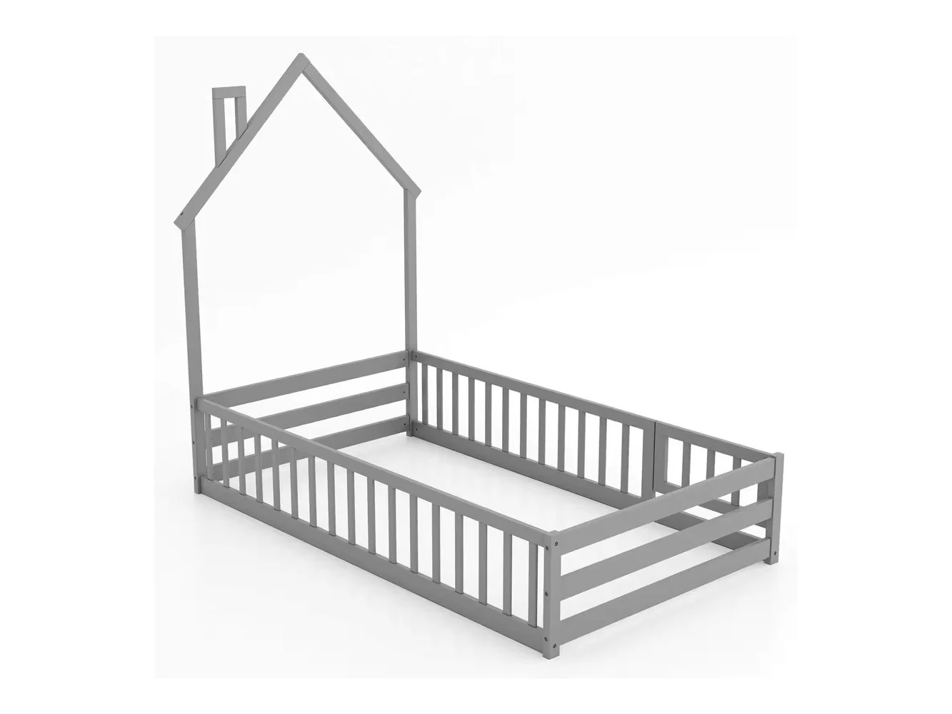**Costway - Twin Size Montessori Floor Bed for Toddler with Lockable Door Full-Length Guardrail - Gray**