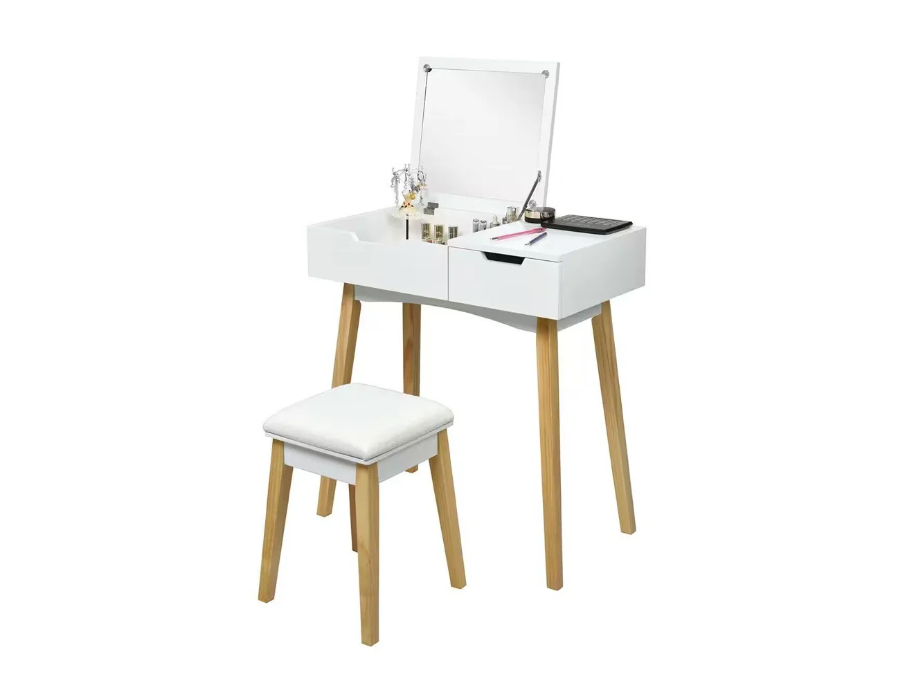 **Costway - Vanity Makeup Table Cushioned Stool Set W/Flip Top Mirror &1 Drawer Writing Desk - White**