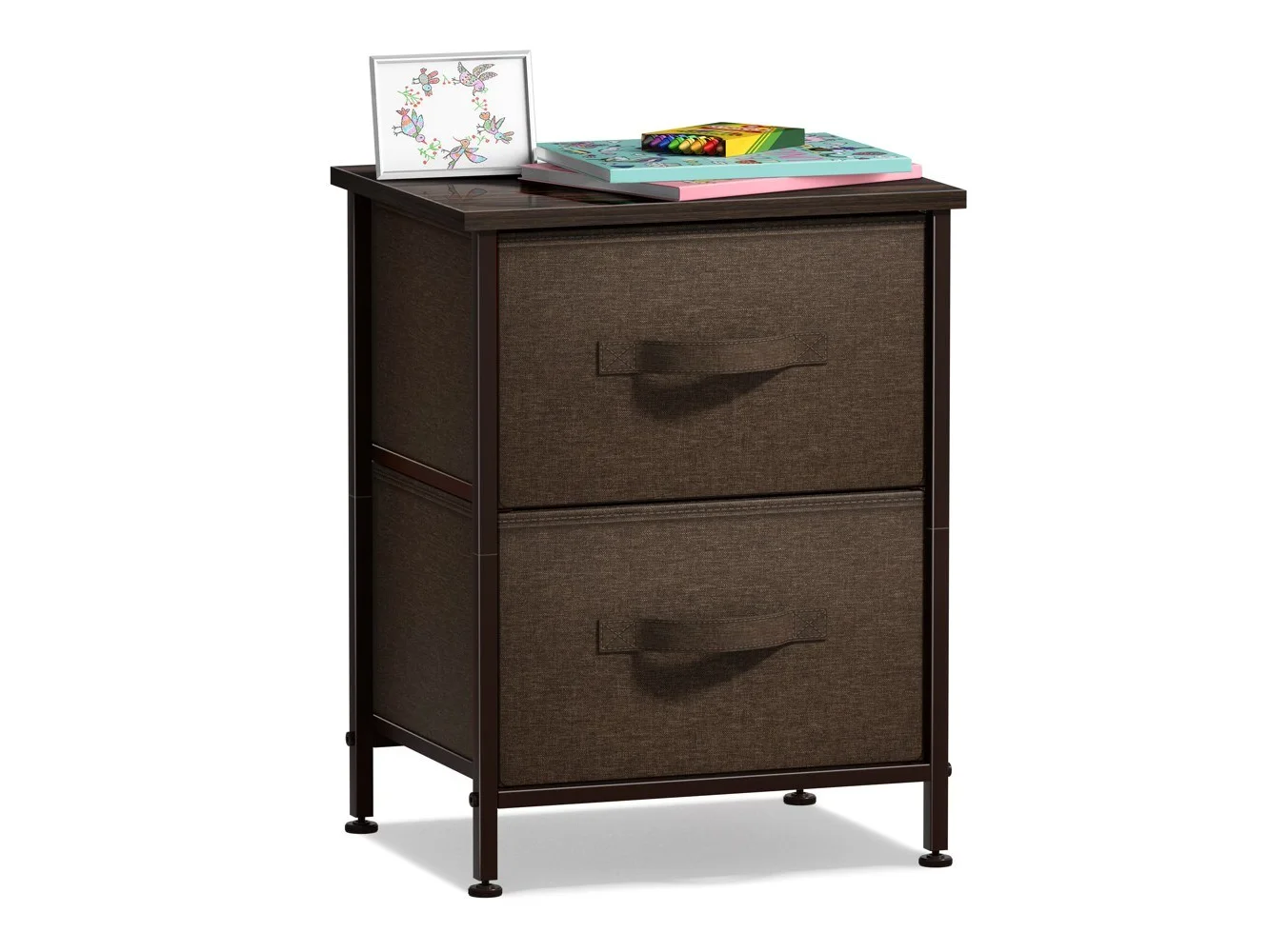 **Sorbus - Nightstand with 2 Drawers - Steel Frame, Wood Top &Fabric Bins -Home, Bedroom, Office &College Dorm, Kids Bedside - Brown**