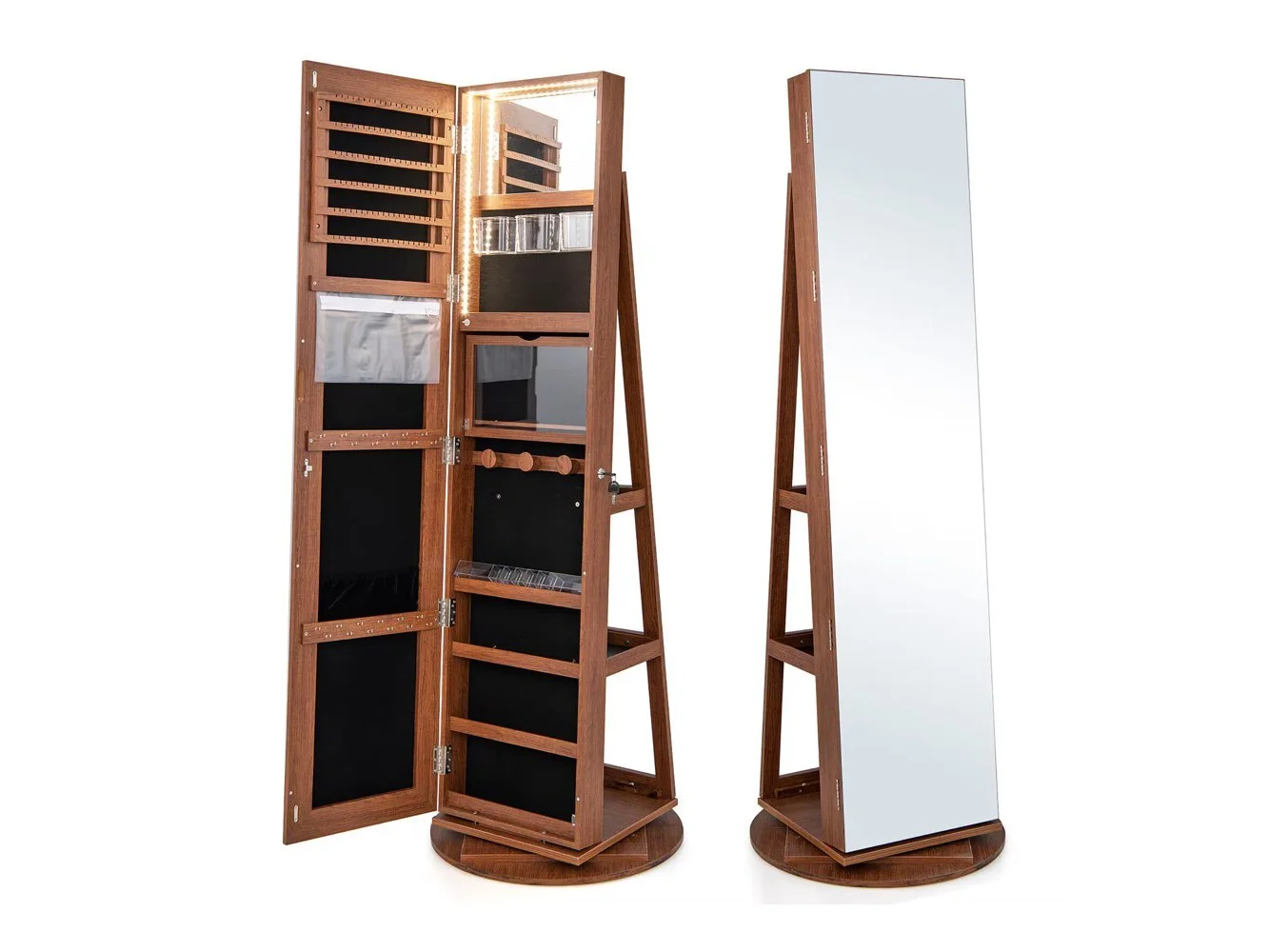 **Gymax - Rotating Mirrored Jewelry Cabinet with Mirror Storage Shelves - Brown**