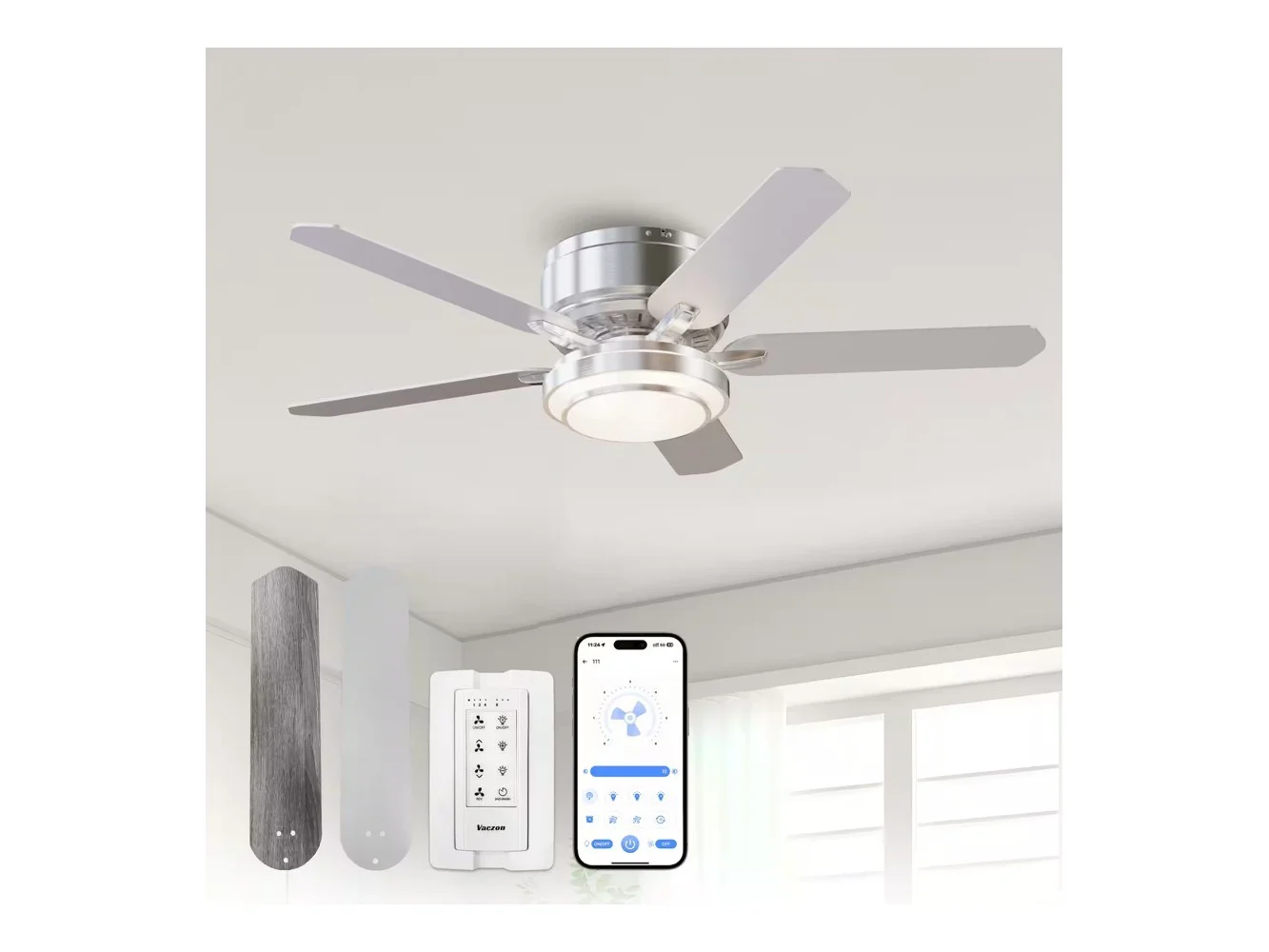 **Vaczon - 52" Modern Reversible Blades Smart Flush Mount LED Ceiling Fan with Remote and APP Control - Nickel**