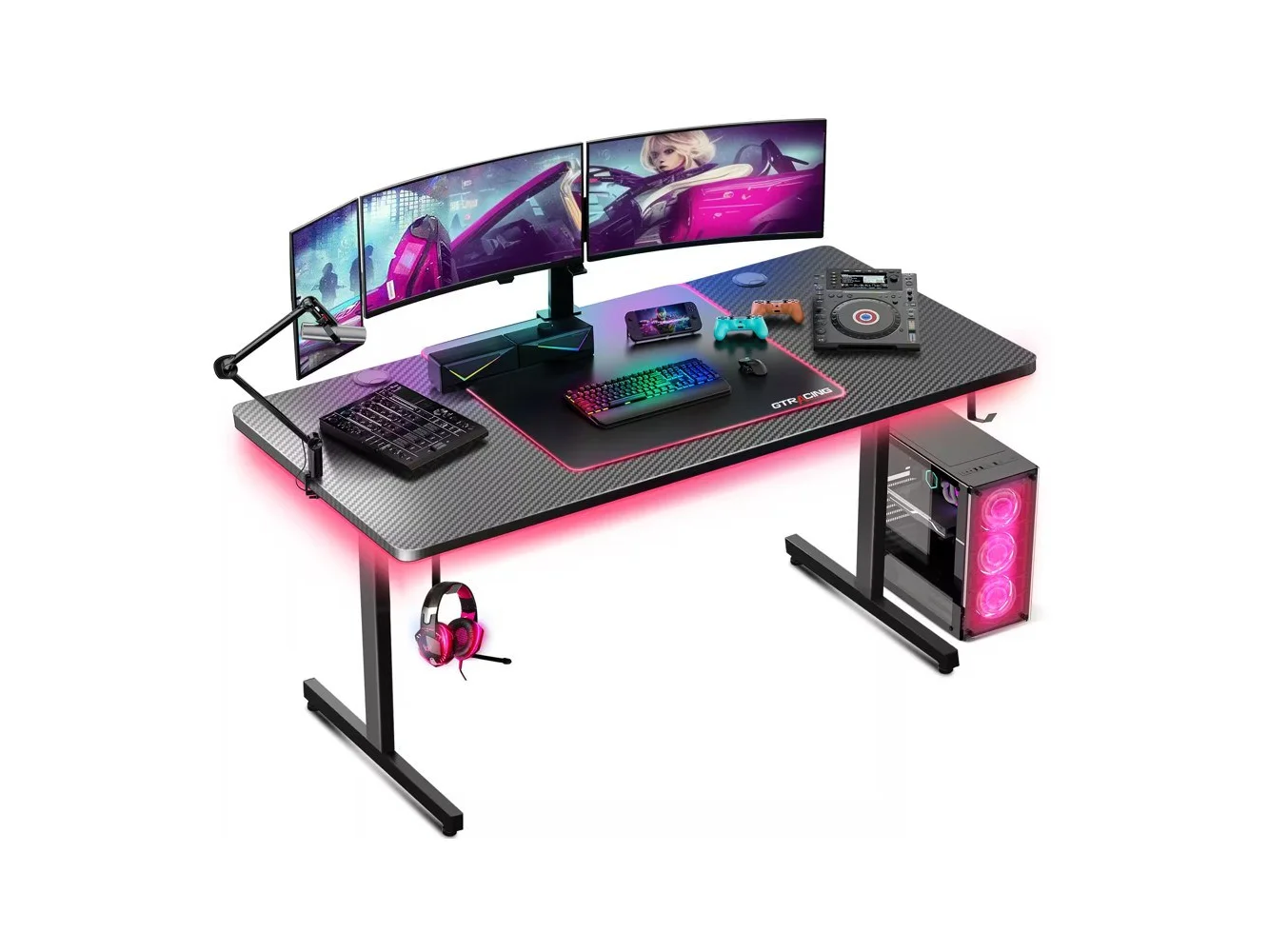 **GTPlayer - 55-inch Gaming Desk with RGB Lights Mouse Pad & Accessory Hooks - Carbon Fiber - Black**