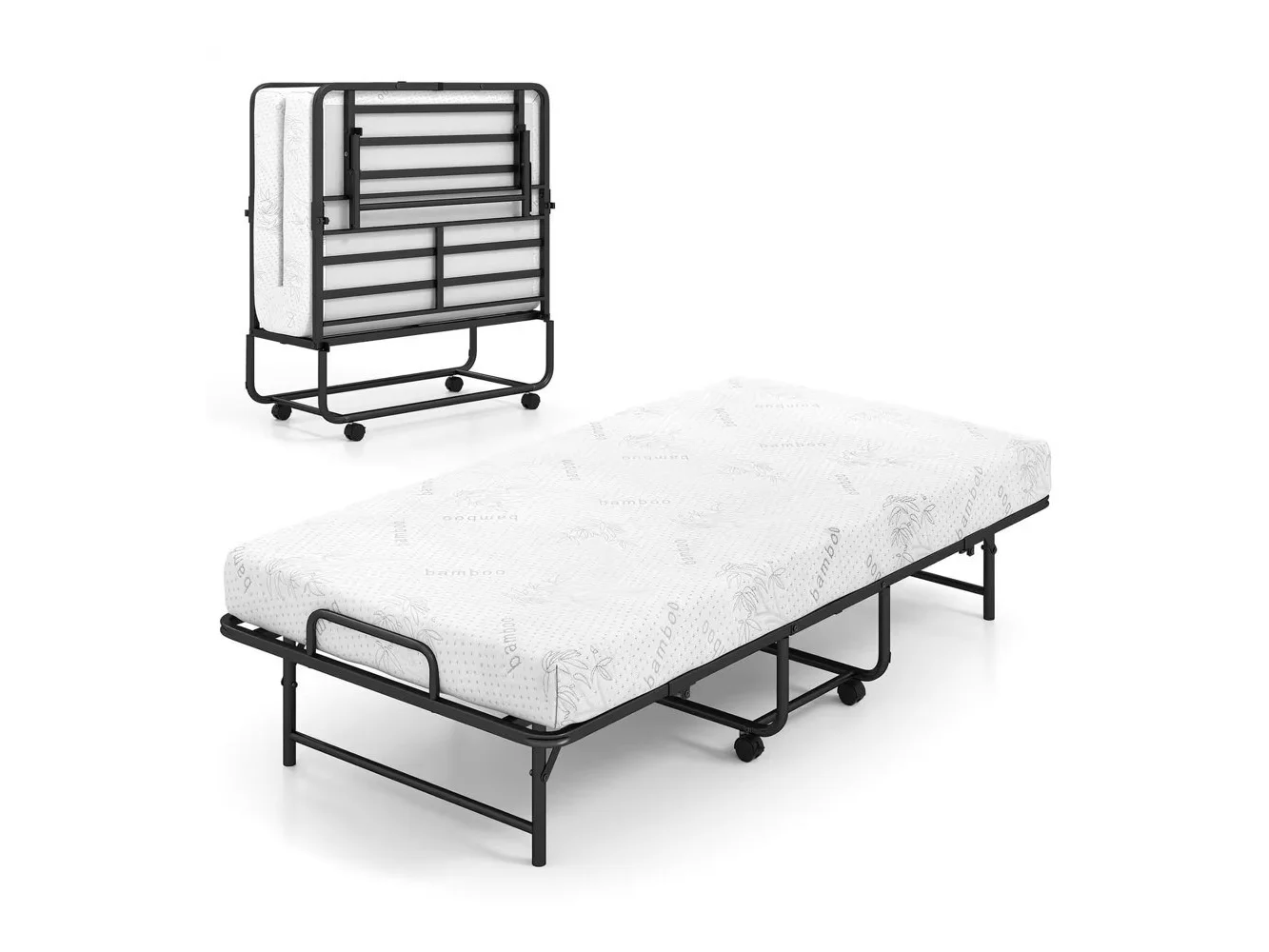 **Costway - Twin Size Folding Bed with 5-Inch Mattress, Memory Foam Mattress & Metal Slat Frame - Black**