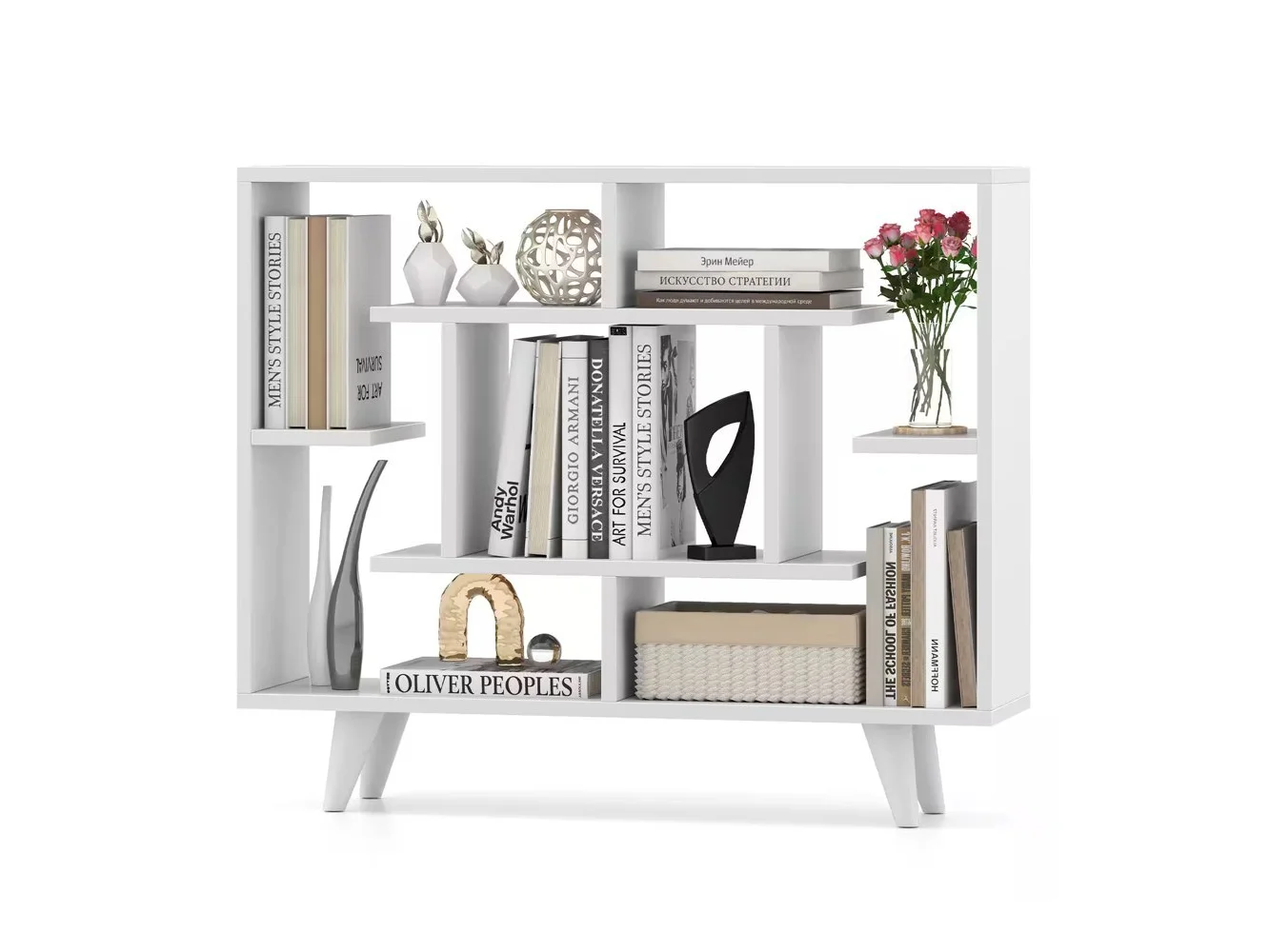 **Gymax - Bookshelf Geometric Bookcase w/ Anti-Tipping Kit Storage Shelving Unit - White**