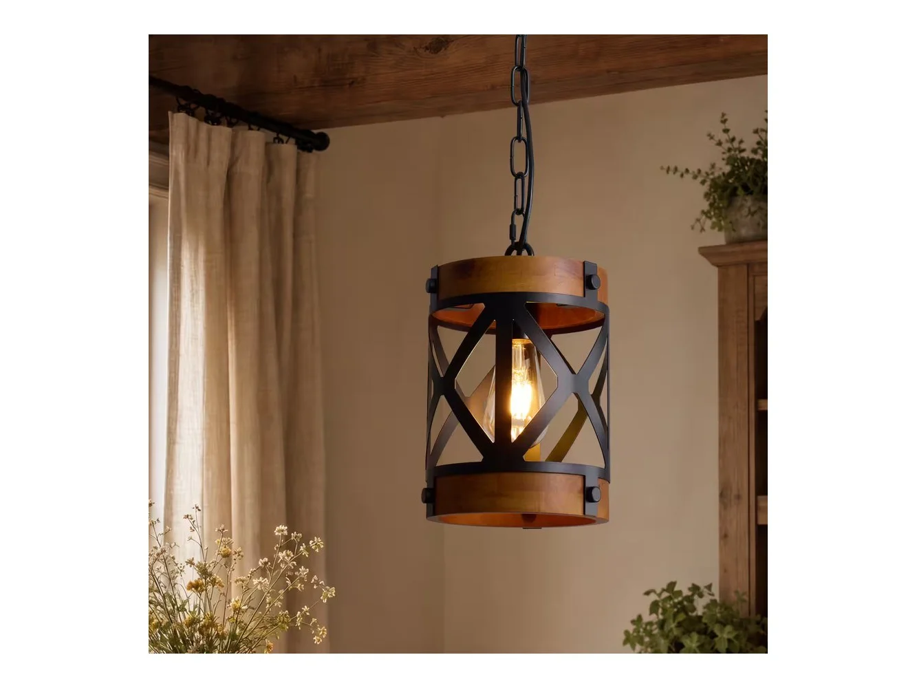 **Siljoy - 7-In Industrial Cage Pendant Light Black Wood Grain Lantern E26 Adjustable Height Kitchen Dining Entryway - Brown**