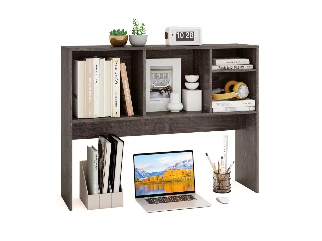 **Costway - Computer Desktop Bookcase Countertop Storage Bookshelf Organizer with 4 Cubbies - Oak**
