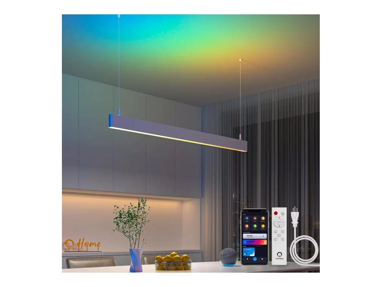 **Lumary - 48" Smart LED Linear Pendant Light, RGBAI Dimmable Hanging Light for Kitchen Dining Work with Alexa & Google Assistant - White**