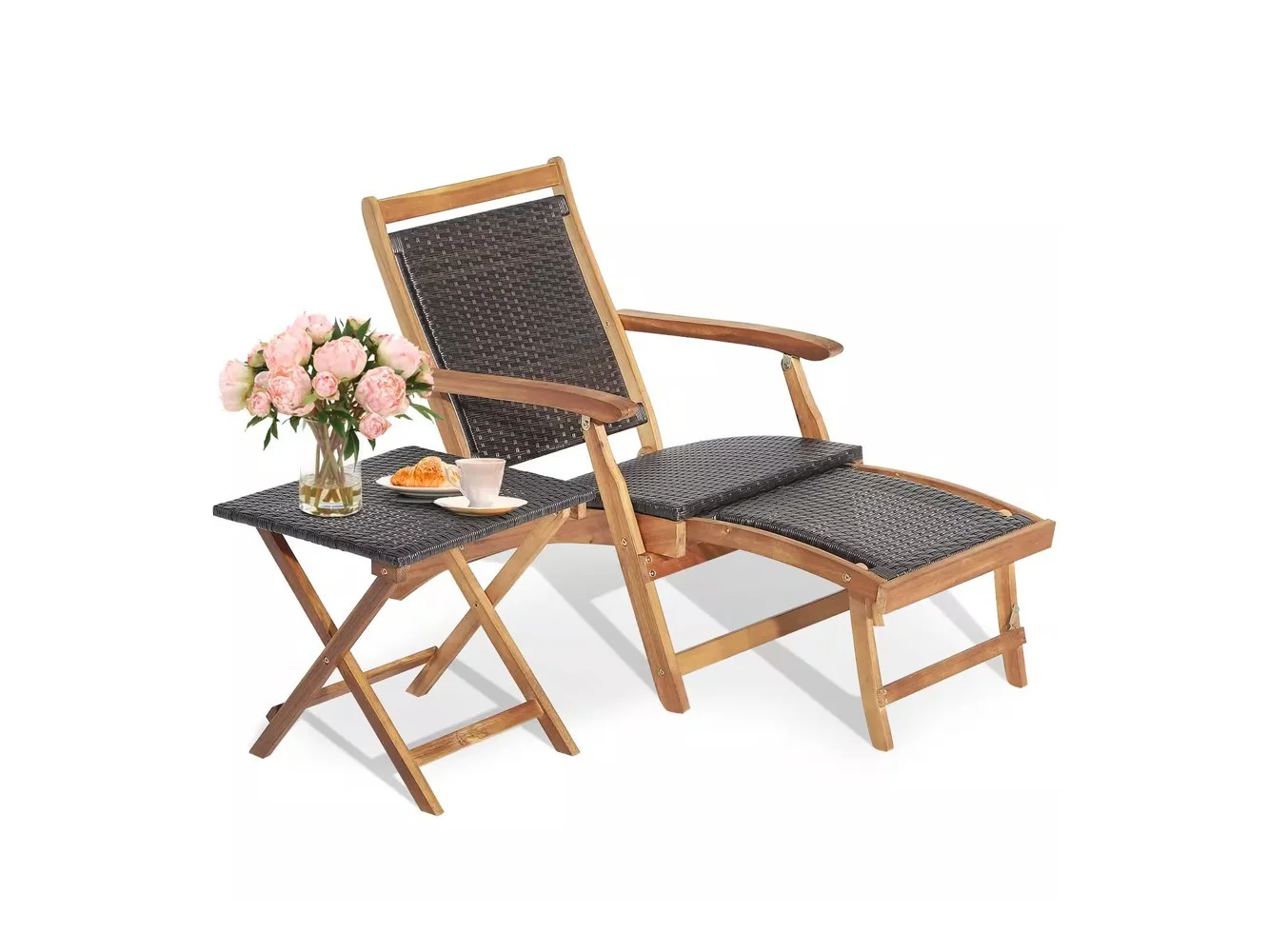 **Costway - 2PCS Patio Rattan Folding Lounge Chair Table Acacia Wood W/Retractable Footrest - Mix Brown,Natural**