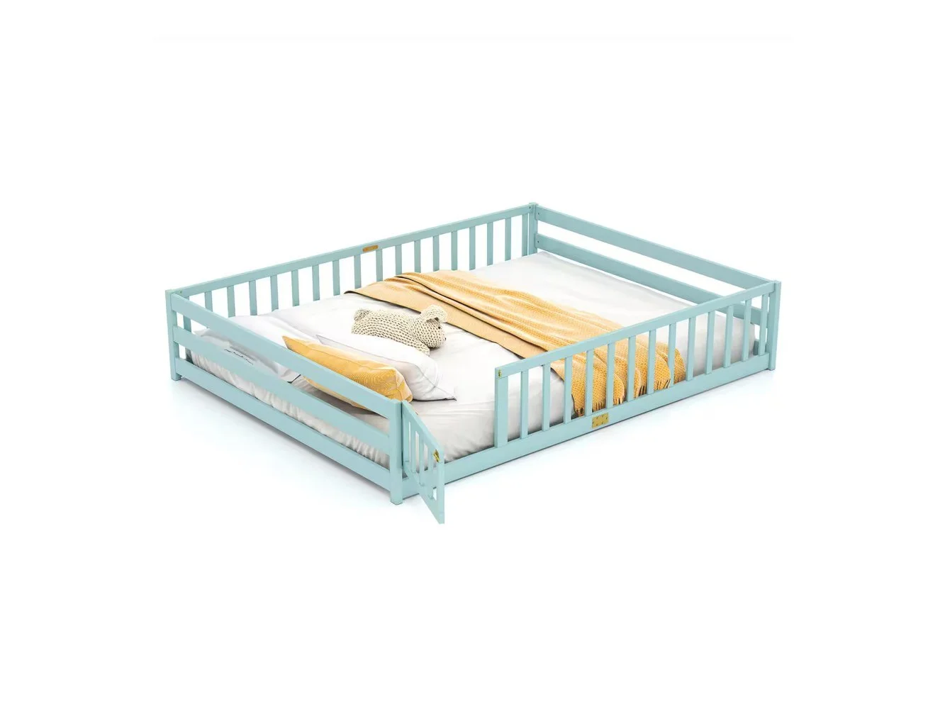 **Costway - Queen Size Floor Bed with Full Length Safety Guardrails & Door for Boys, Girls - Icy Aqua**