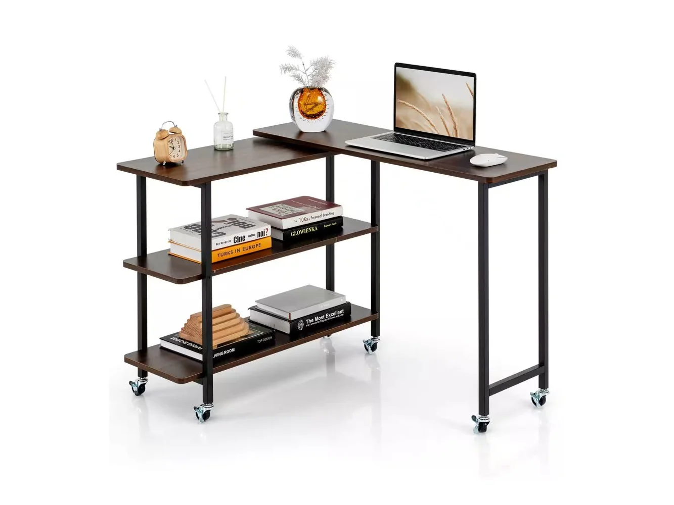 **Costway - 360° Rotatable Sofa Side Table L-shaped Laptop Desk Snack Table withShelf Patented - Walnut**