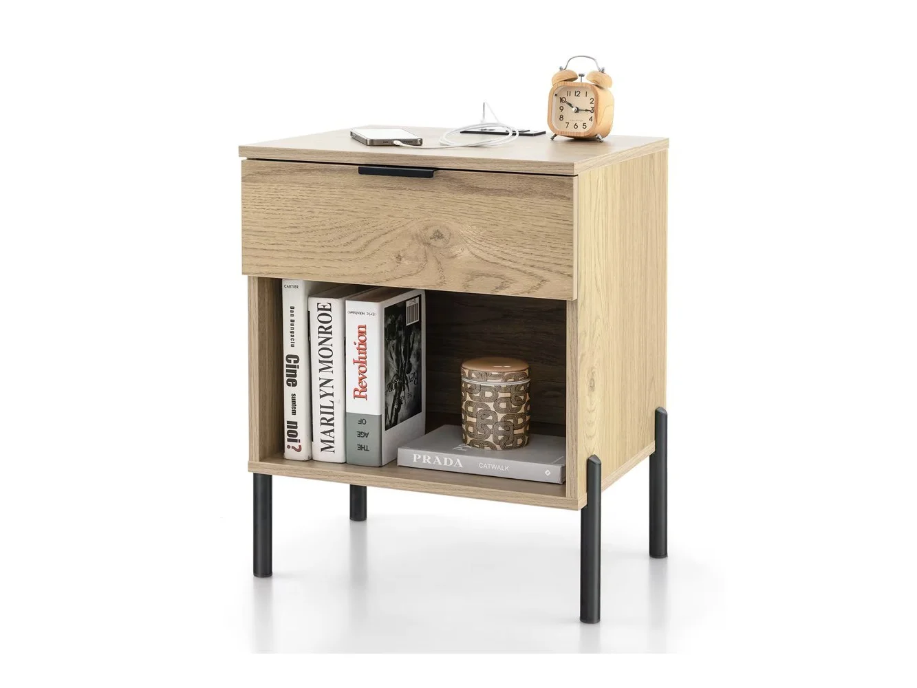 **Costway - 1PC Nightstand with Charging Station Drawer Compartment Modern Side End Table - Natural**