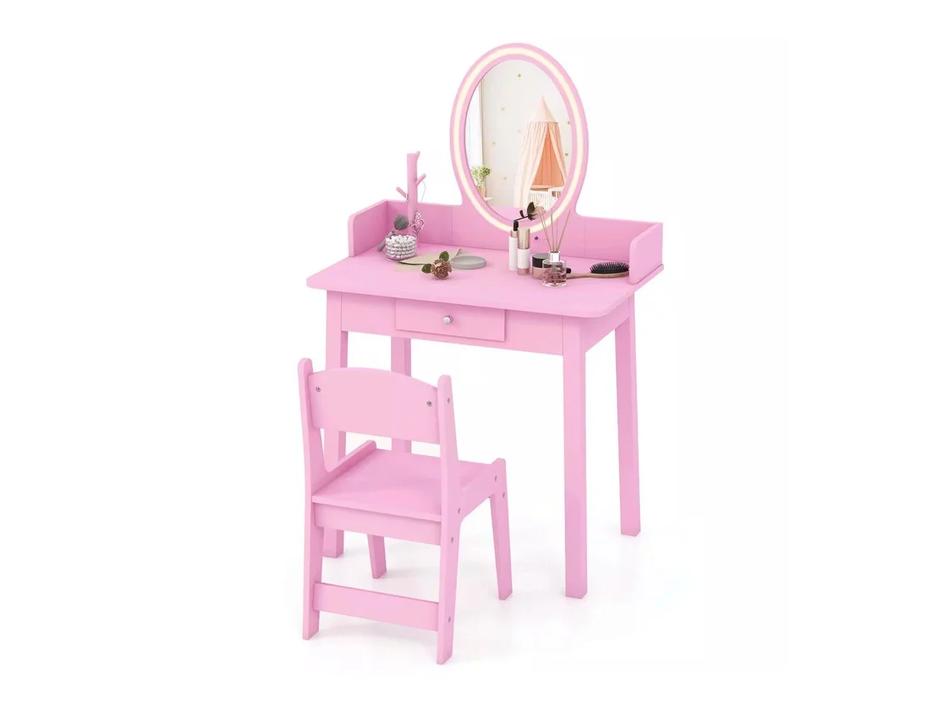 **Costway - Kids Vanity Set with Lighted Mirror Chair 2-Color LED Lighting for Girls Makeup - Pink**