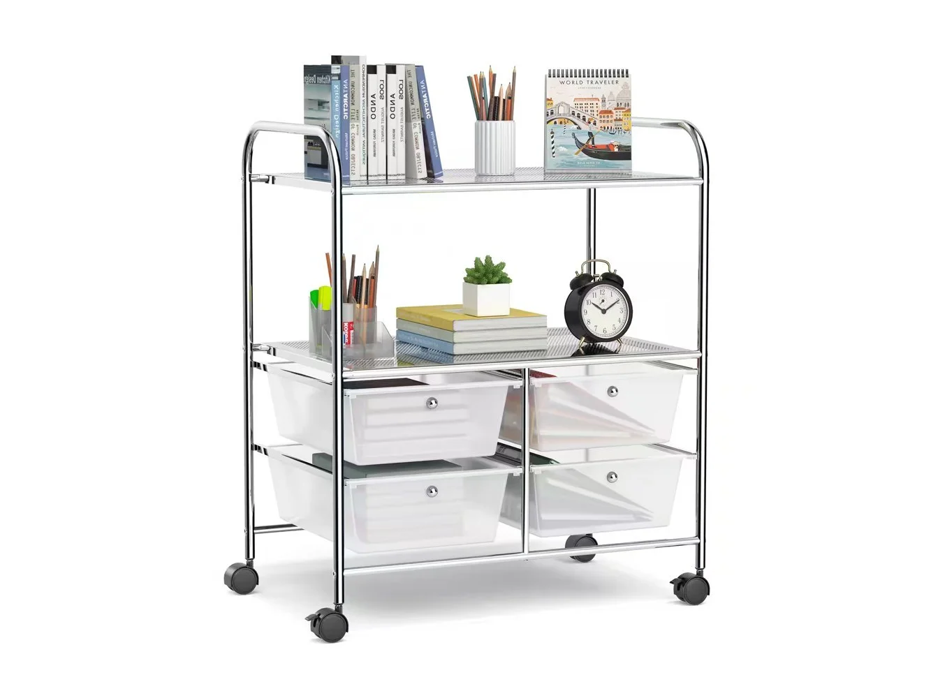 **Costway - 4 Drawer Rolling Storage Cart Scrapbook Paper Office School Organizer - Clear**
