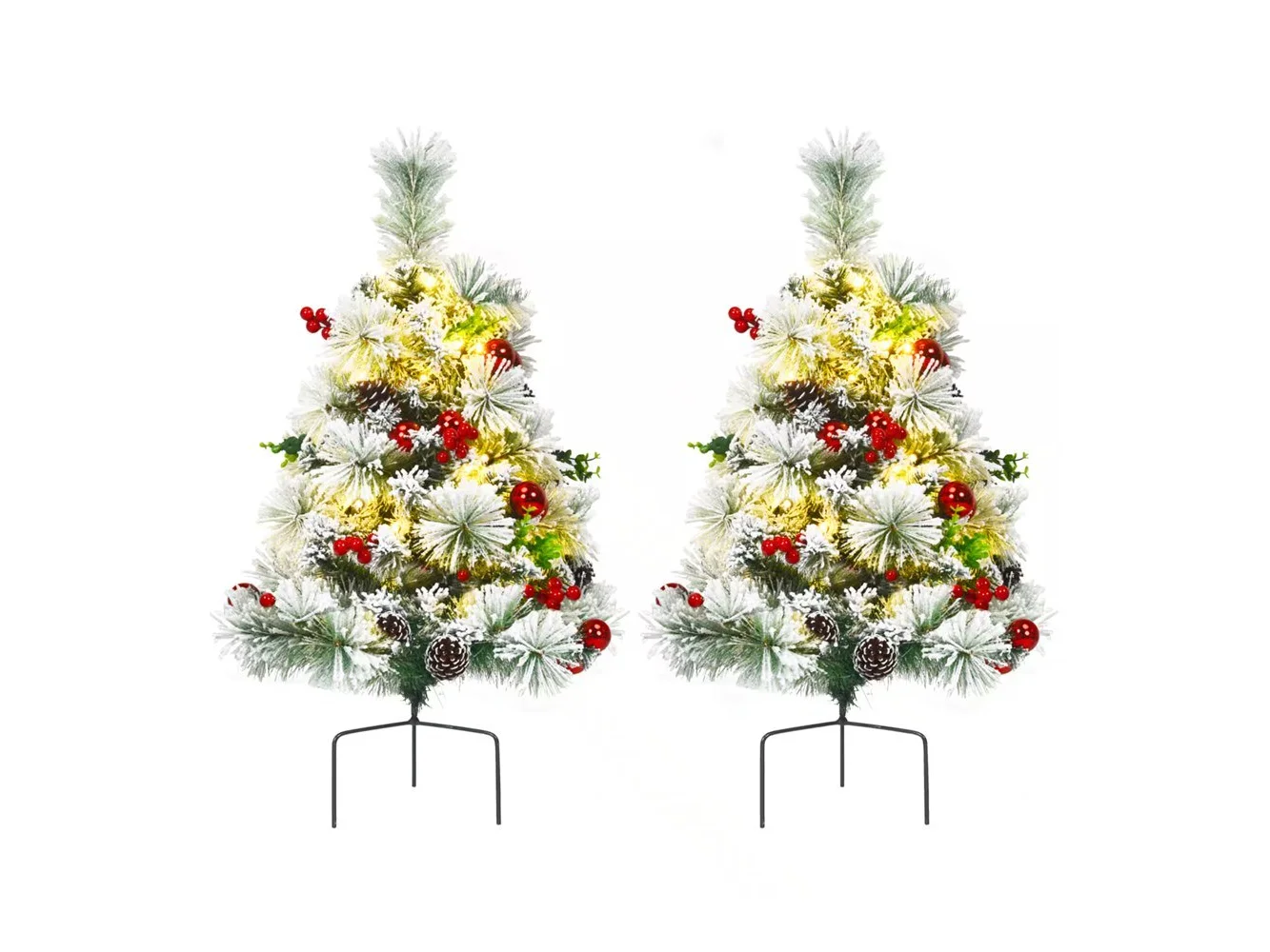 **Gymax - 2PCS Pre-Lit Snow Flocked Christmas Tree Pathway Xmas Tree w/ 8 Flash Modes - Green**