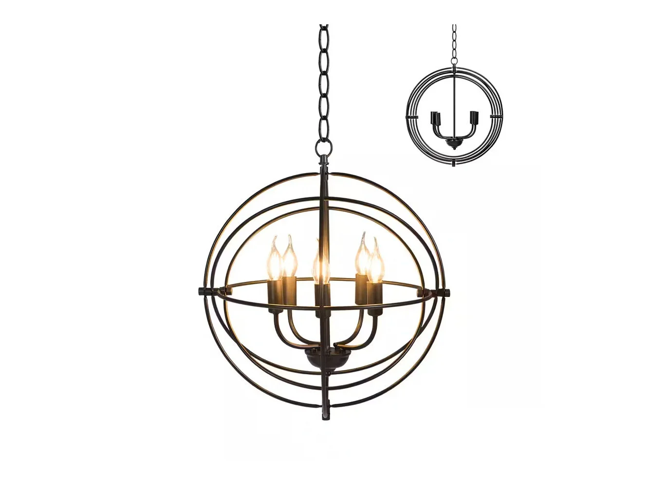 **Costway - 20" 5-Light Metal Pendant Chandelier w/ Iron Chain Pivoting Interlocking Rings - Black**