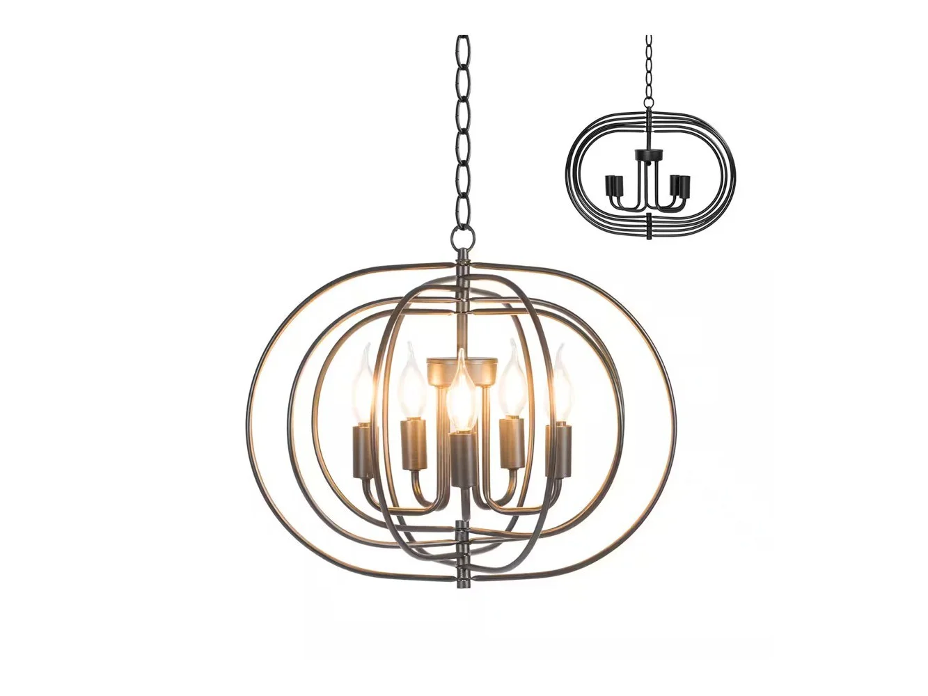 **Costway - 16" 5-Light Metal Pendant Chandelier w/ Iron Chain Pivoting Interlocking Rings - Black**
