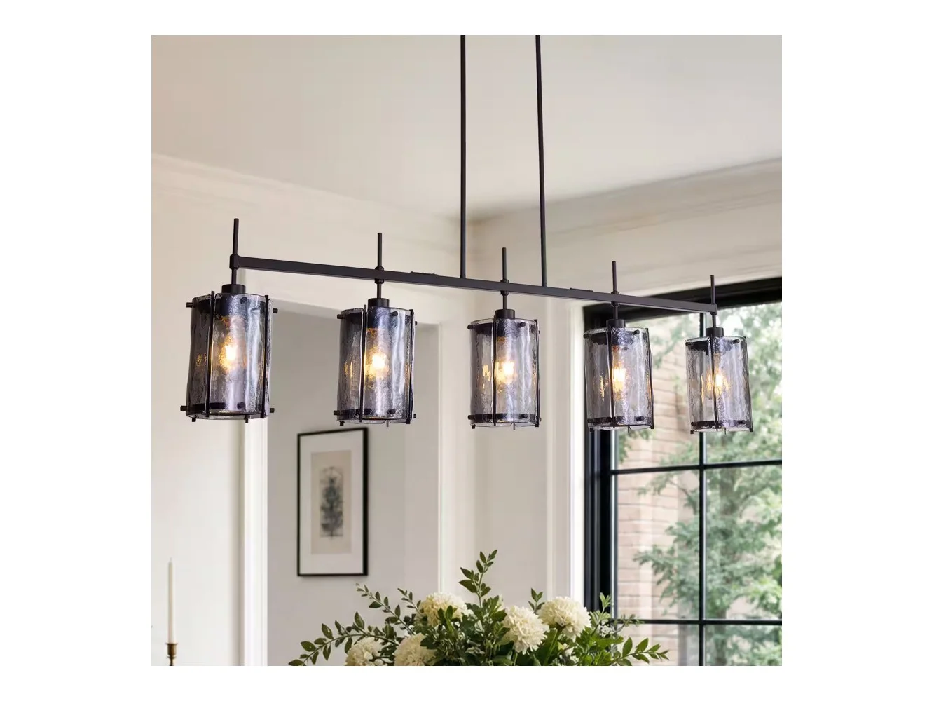 **Siljoy - 52 In Modern 5 Light Smoke Glass Linear Pendant Light Adjustable Rod for Dining Room Kitchen Island Foyer - Black**