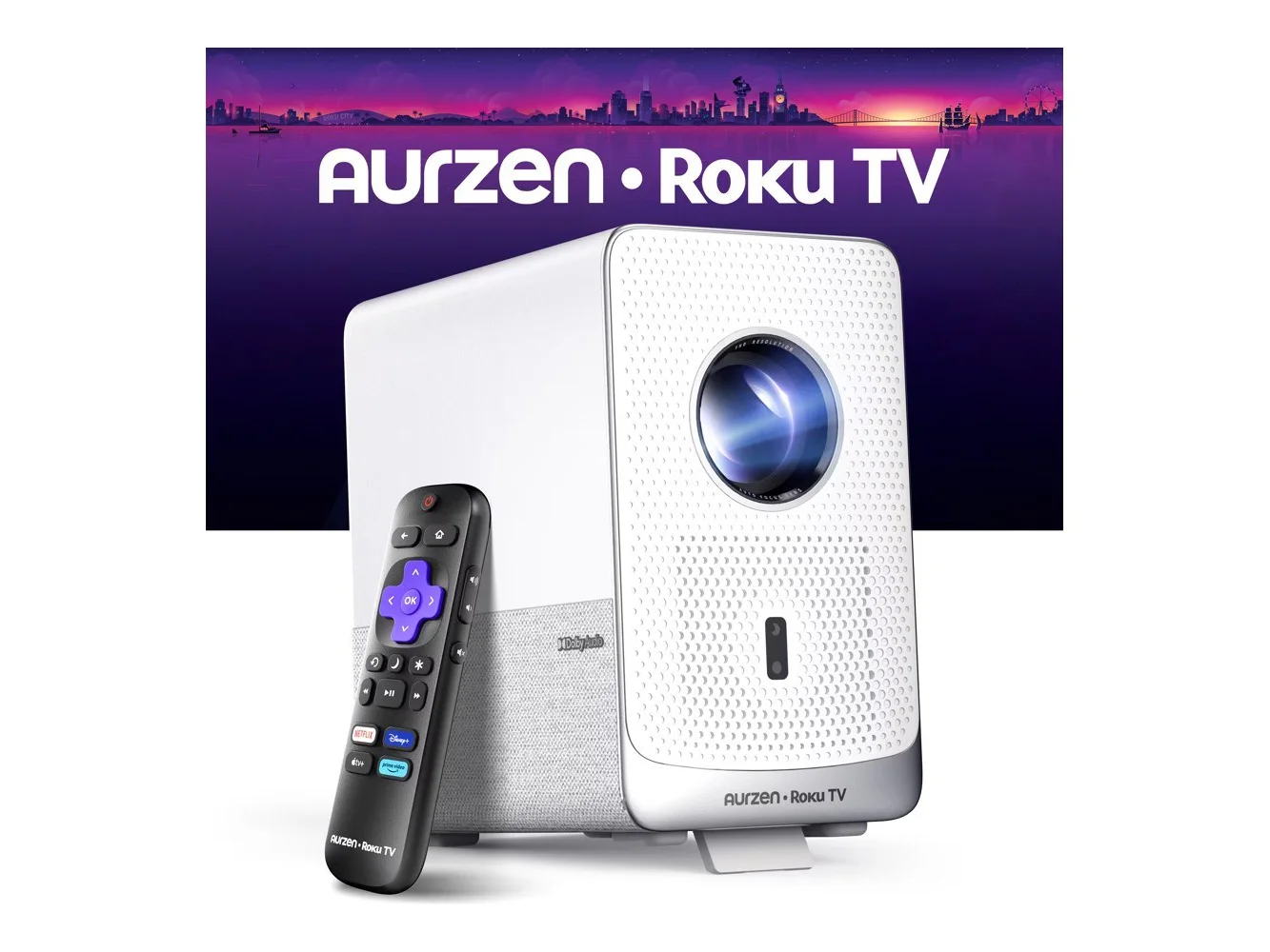 **Aurzen - Smart Projector Roku TV Built-in, Roku Streaming Experience, 1080P FHD, Sealed Optical Engine, Dolby Audio - White**