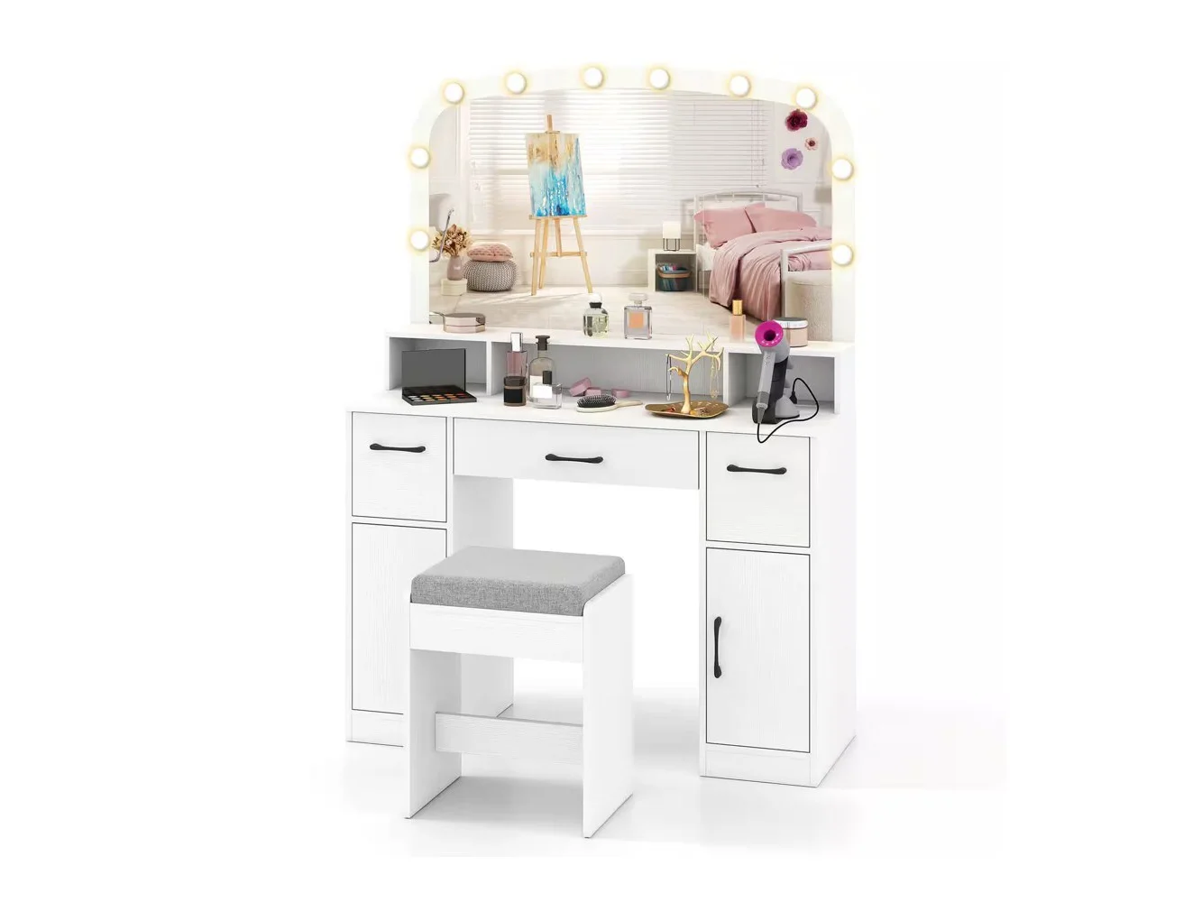 **Costway - Vanity Desk Makeup Table with with Stool Large Mirror 3-Color Lights for Bedroom - White**