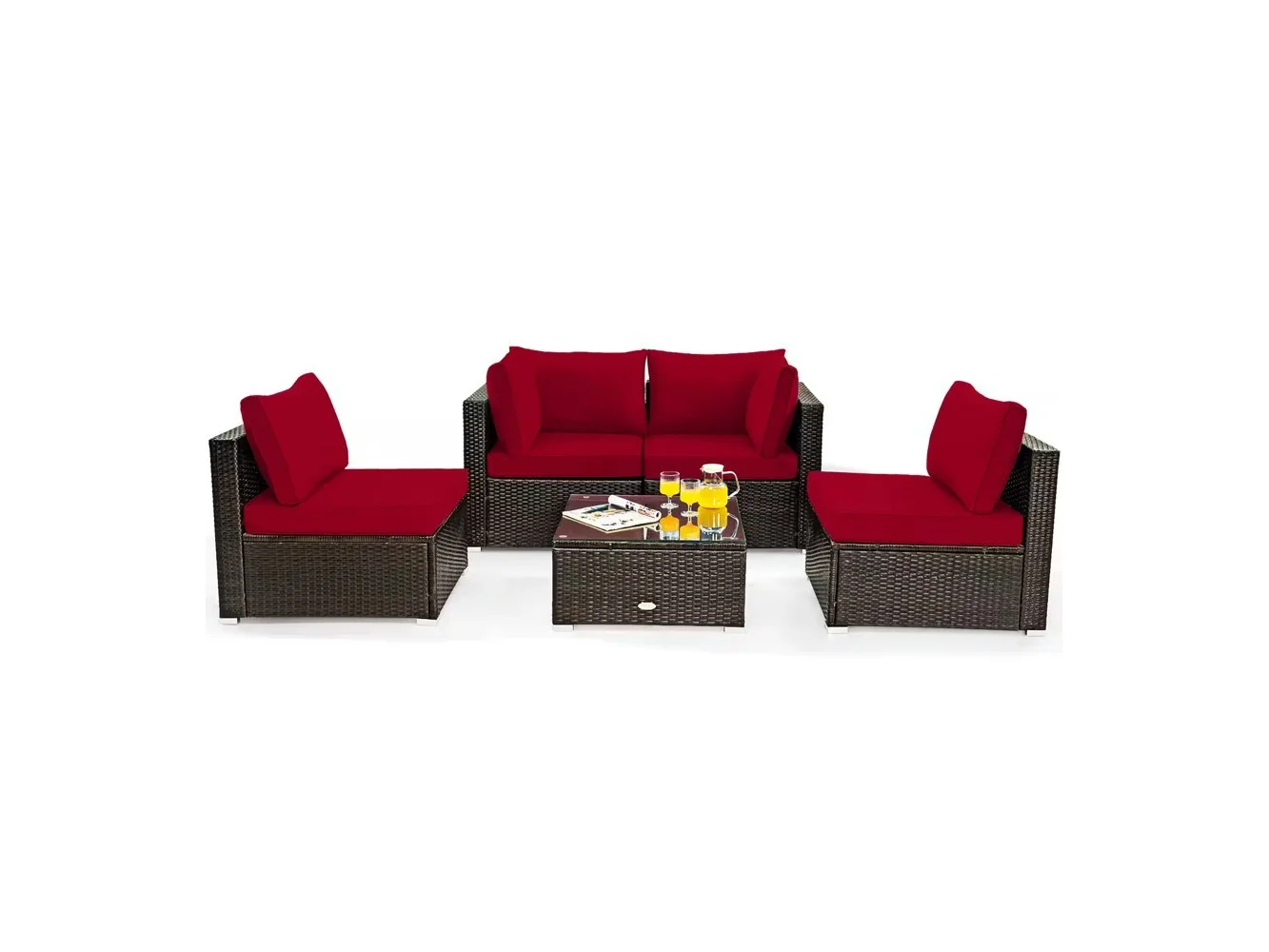 **Costway - 5PCS Patio Rattan Furniture Set Cushioned Sofa Chair Coffee Table - Red**