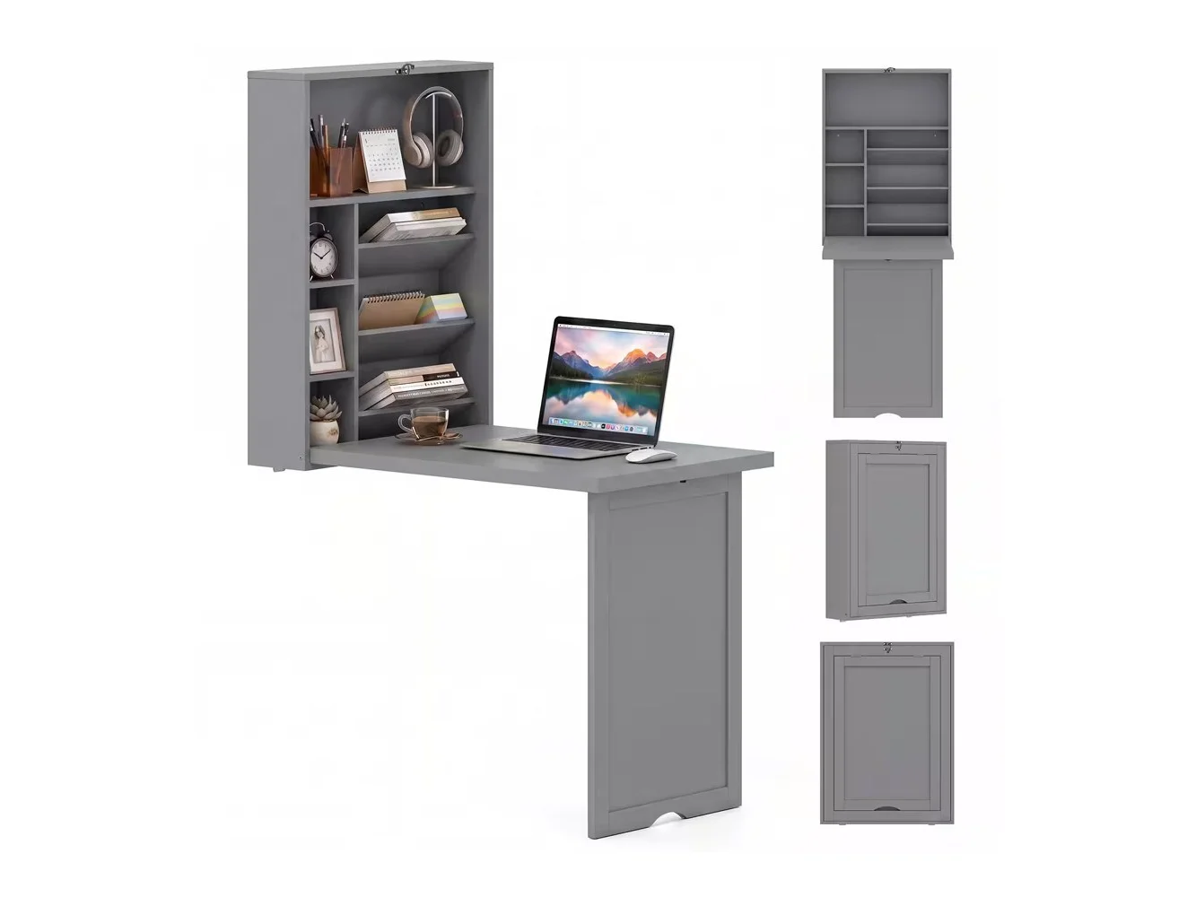 **Costway - Wall Mounted Computer Convertible Desk with Bookcases - Gray**