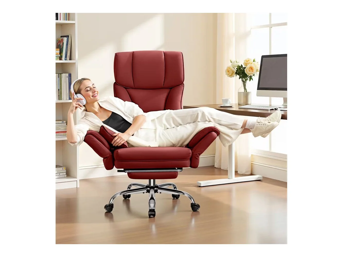 **Brick Attic - 500LBS Plus Ergonomic Office Chair with Footrest, Wide Cross Legged Executive Chair with Reversible Armrests, 120°Tilt - Burgundy Red**