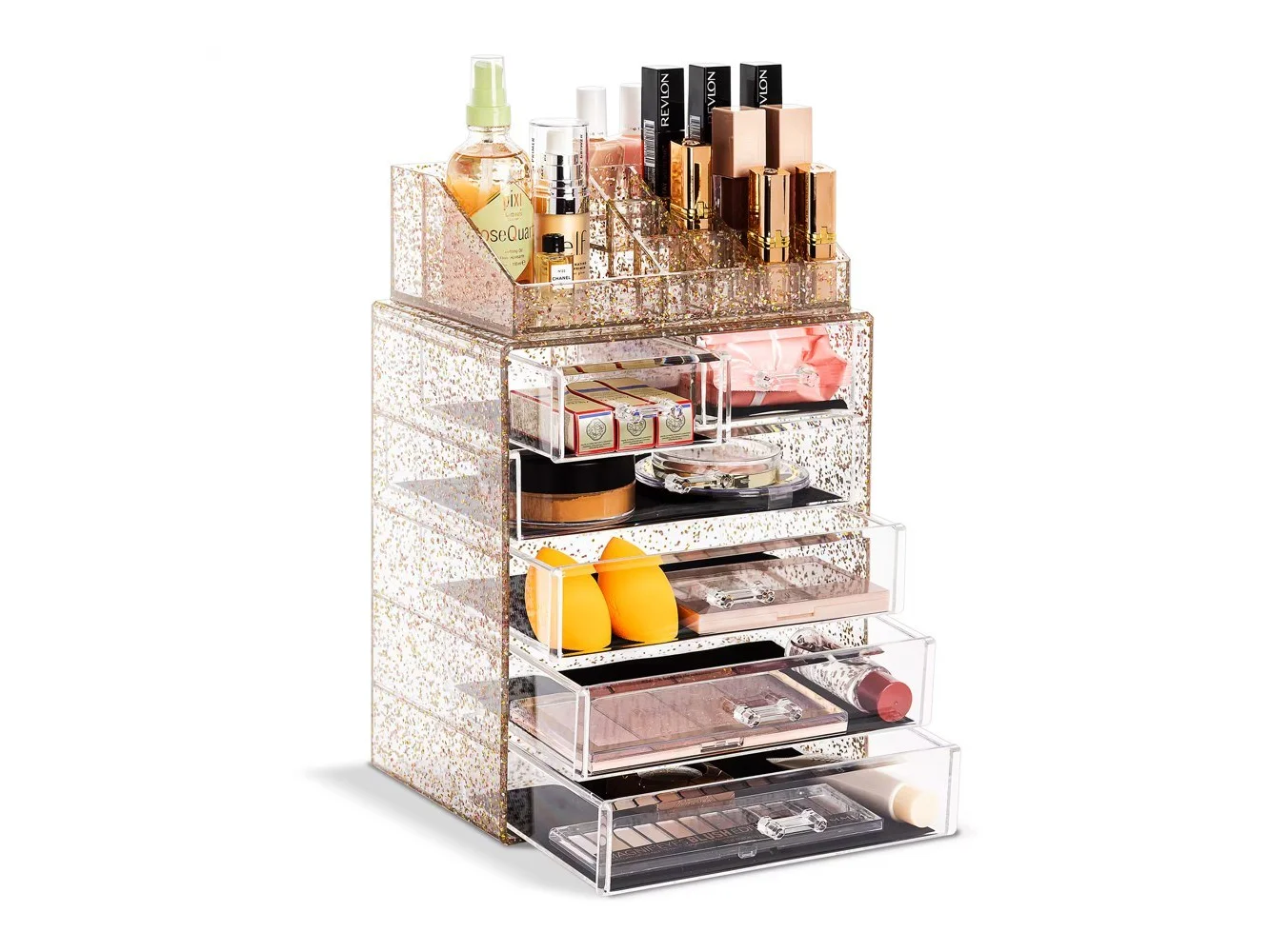 **Sorbus - 2 Piece Acrylic Makeup and Jewelry Storage Organizer Case (6 Drawers and Lipstick Tray) - Glitter**